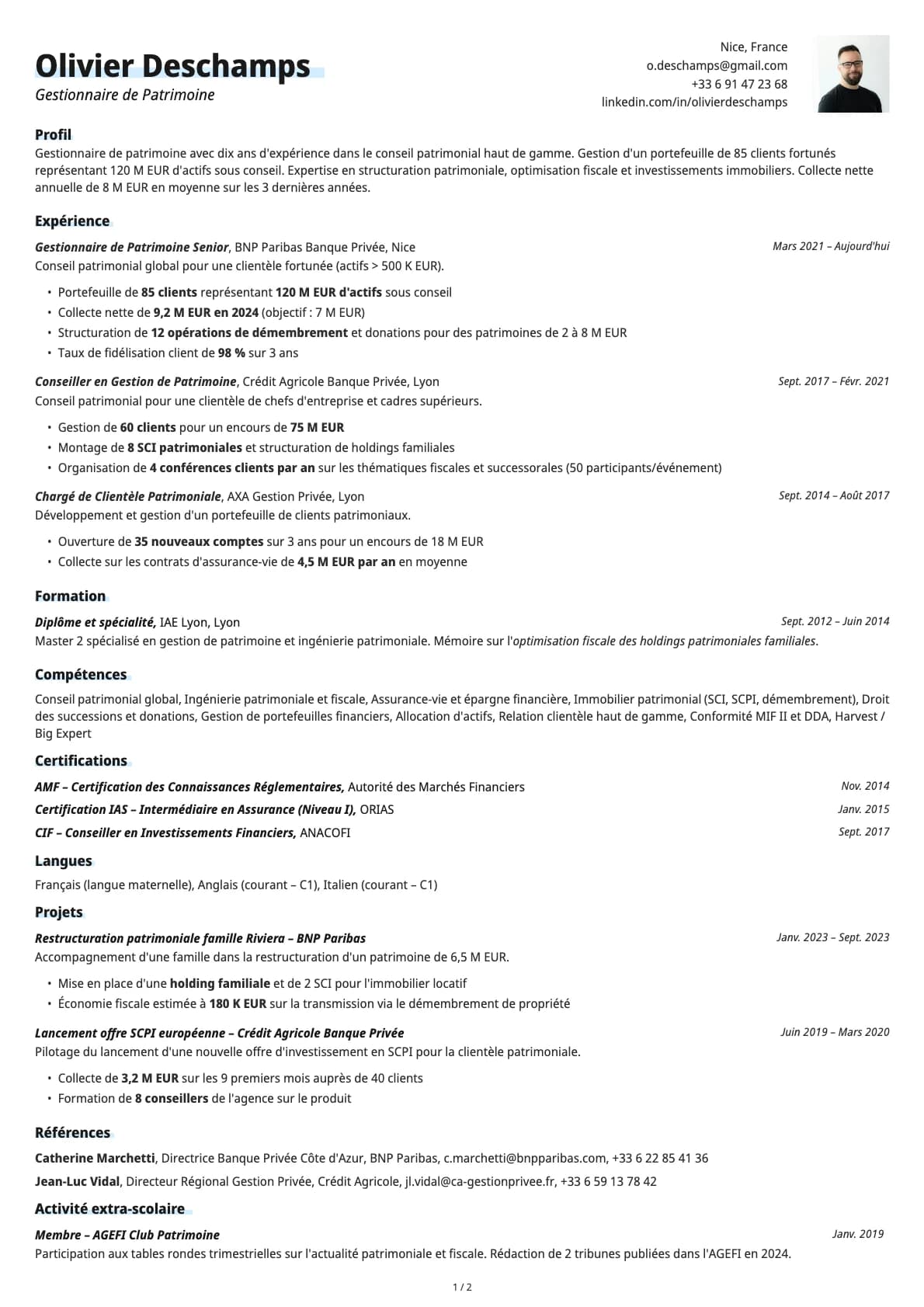 Gestionnaire de Patrimoine resume example