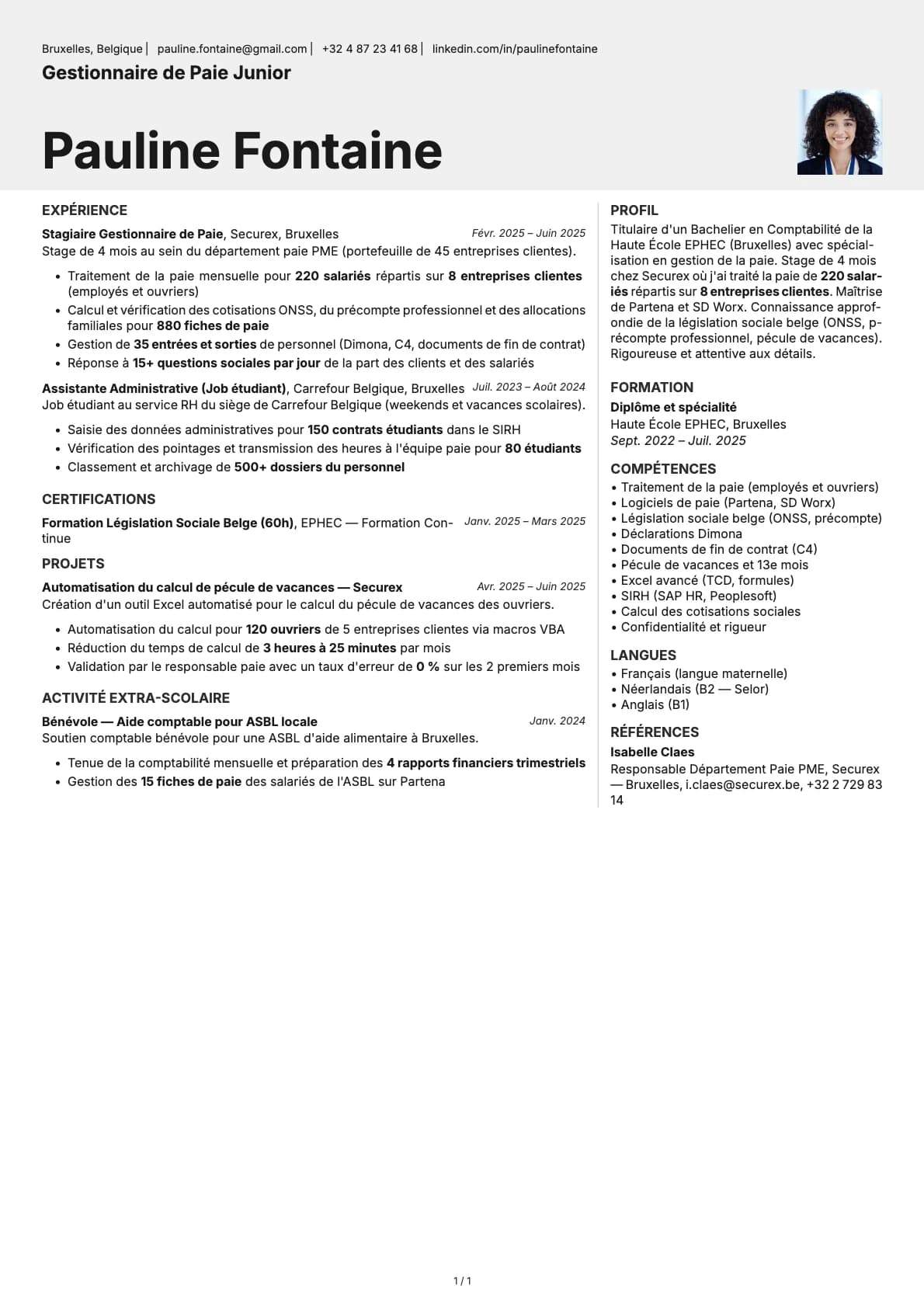 Gestionnaire de Paie Junior resume example