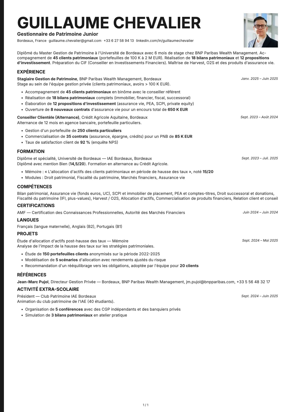 Gestionnaire de Patrimoine Junior resume example