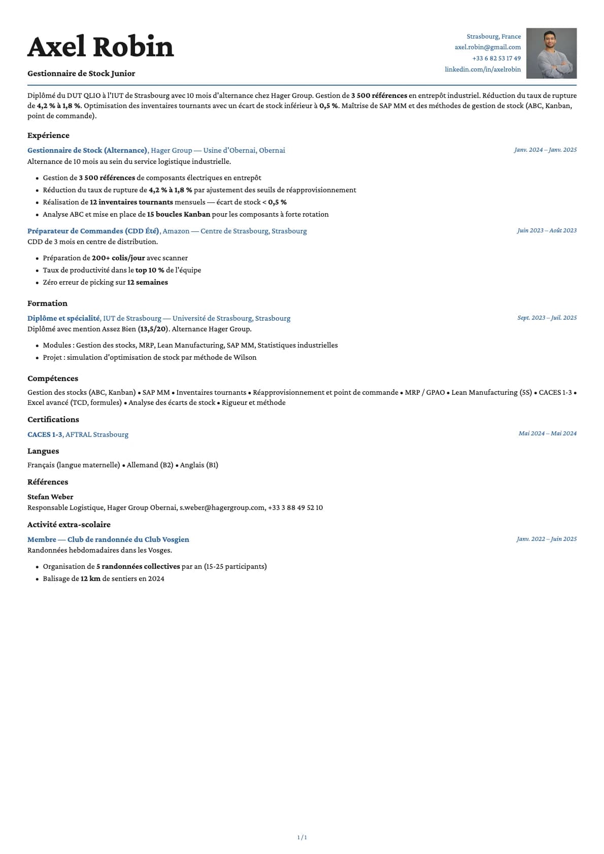 Gestionnaire de Stock Junior resume example