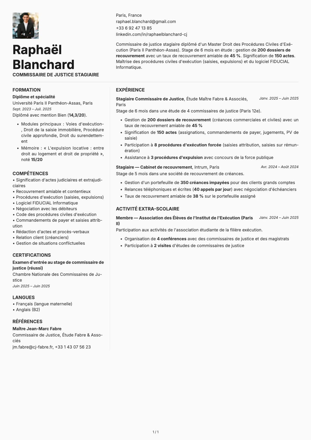 Huissier Stagiaire resume example