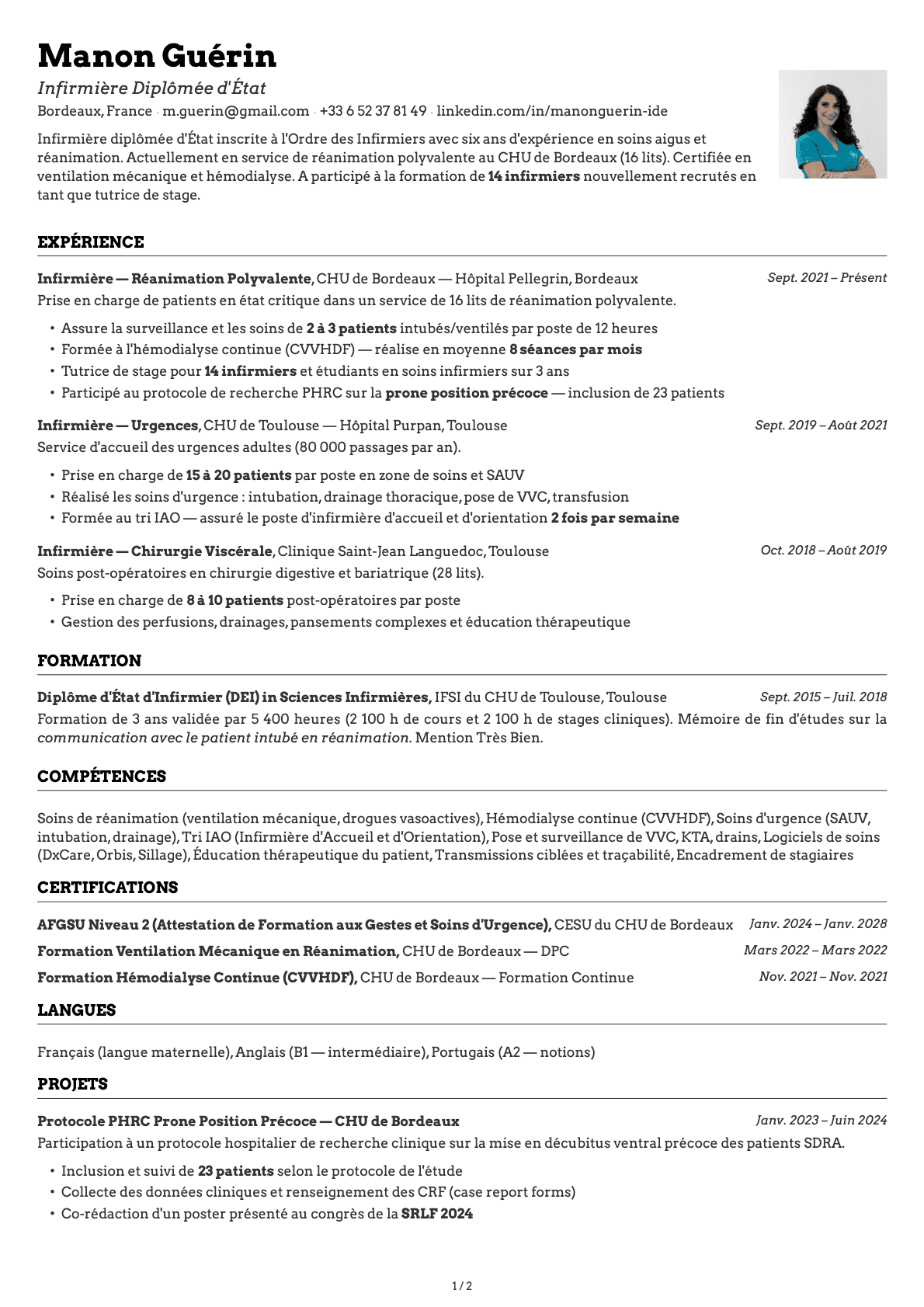 Infirmier / Infirmière resume example