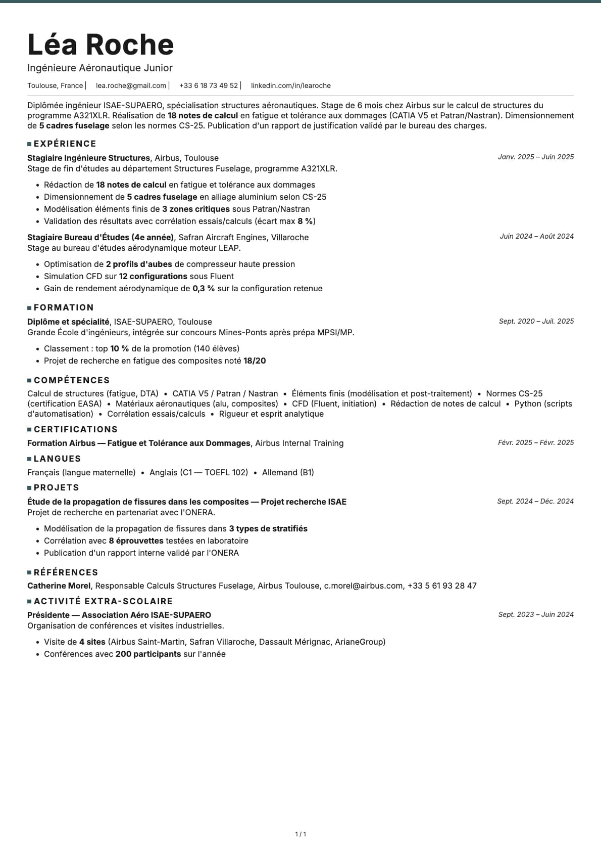 Ingénieure Aéronautique Junior resume example