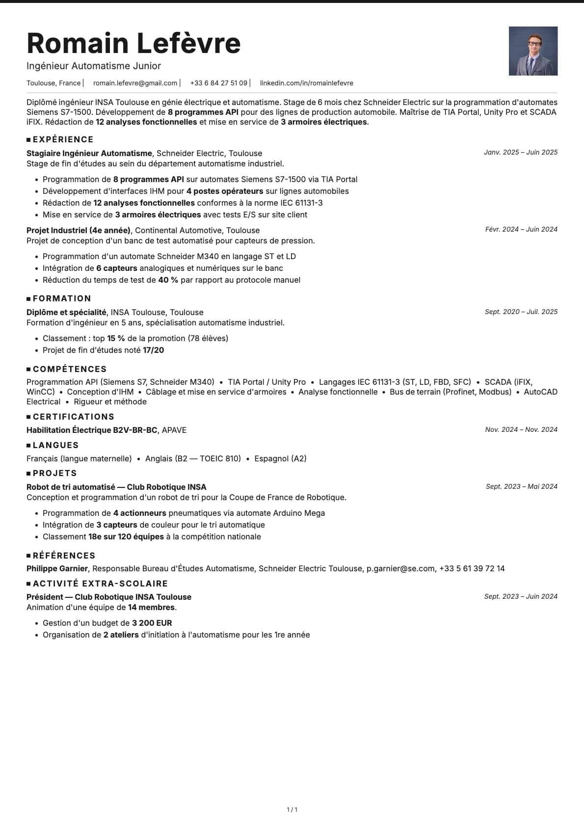 Ingénieur Automatisme Junior resume example
