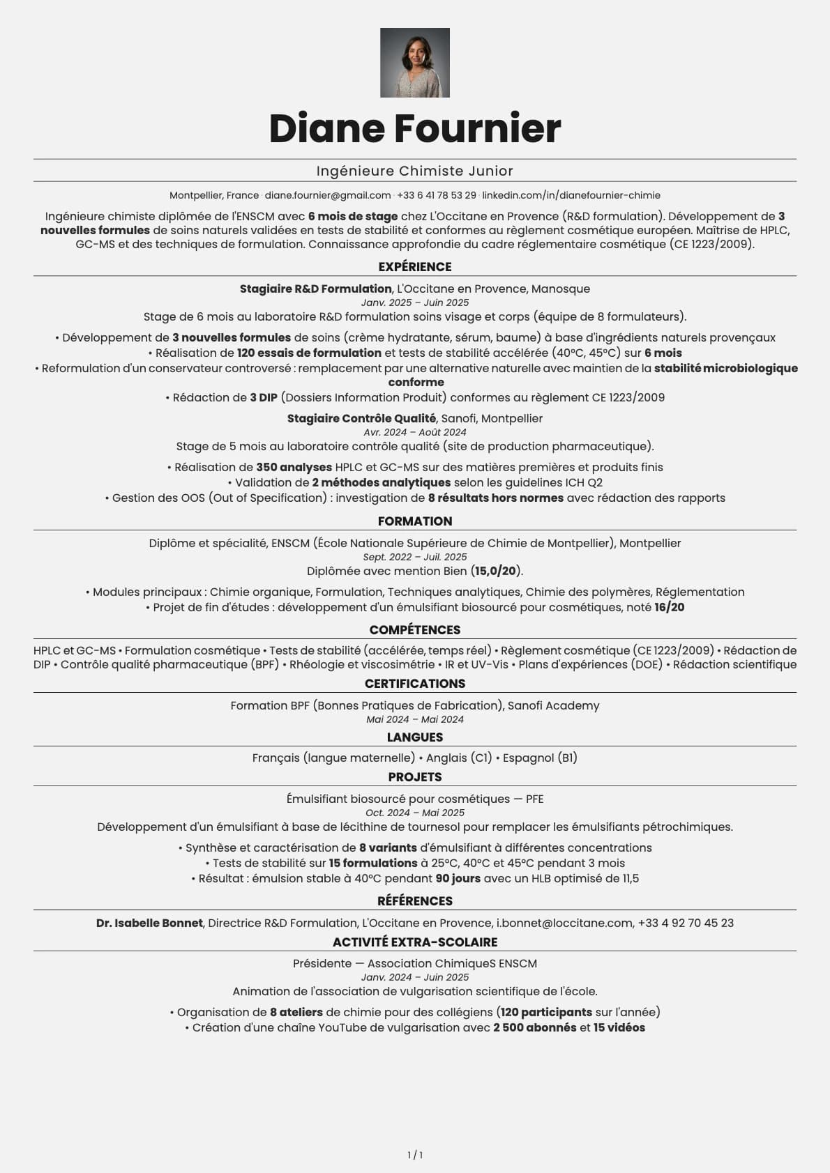Ingénieur Chimiste Junior resume example