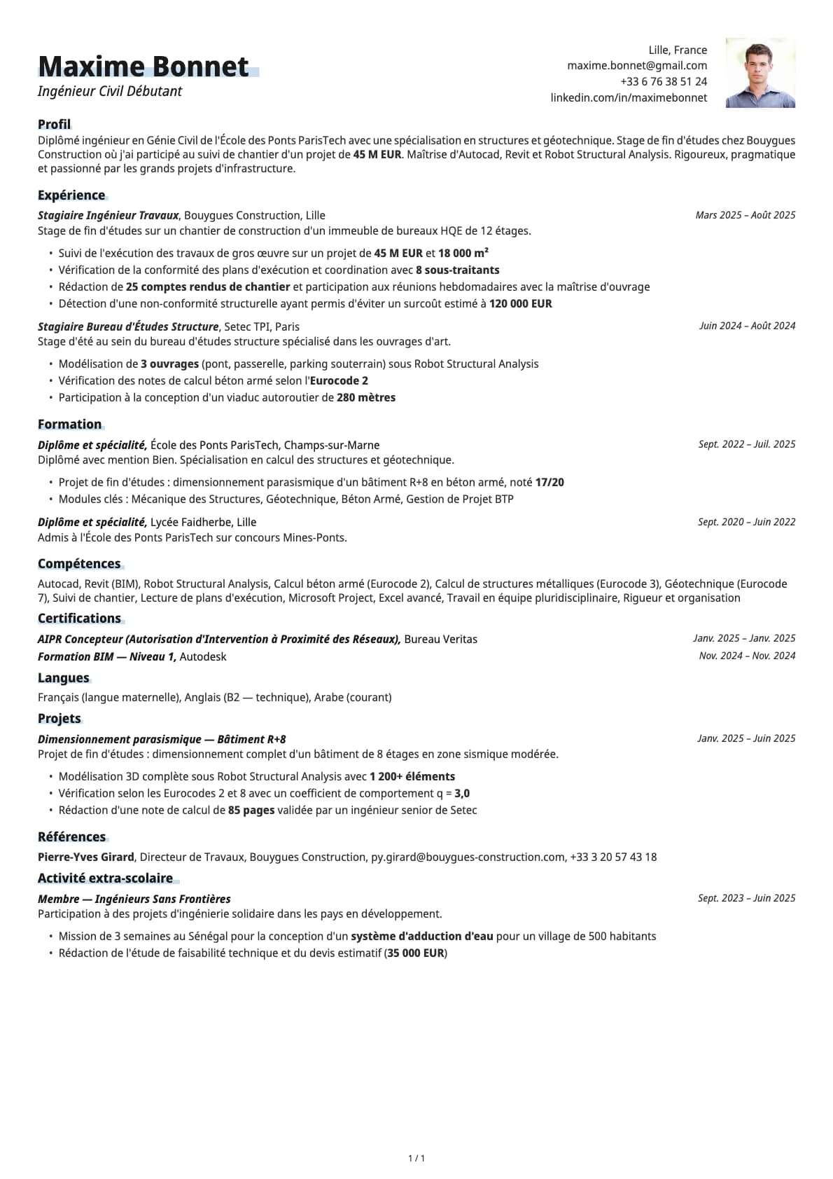 Ingénieur Civil Débutant resume example