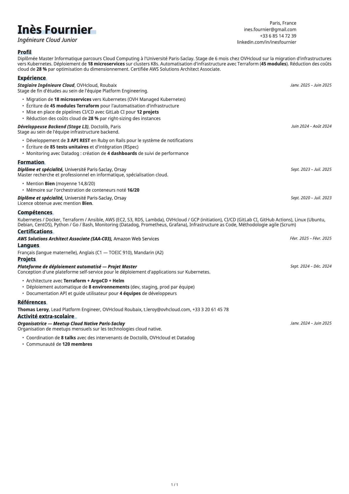 Ingénieure Cloud Junior resume example