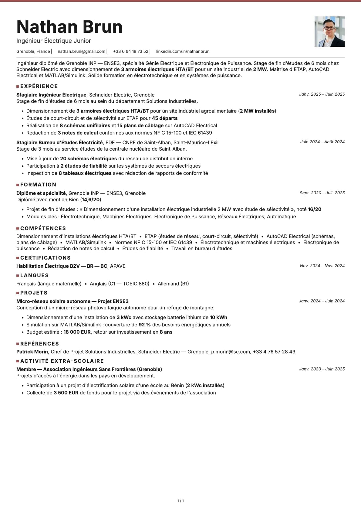 Ingénieur Électrique Junior resume example