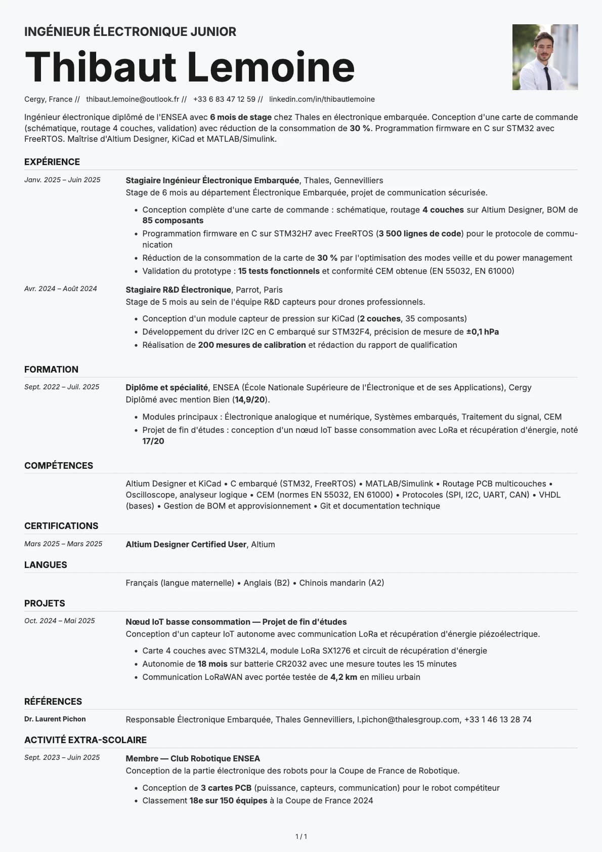 Ingénieur Électronique Junior resume example