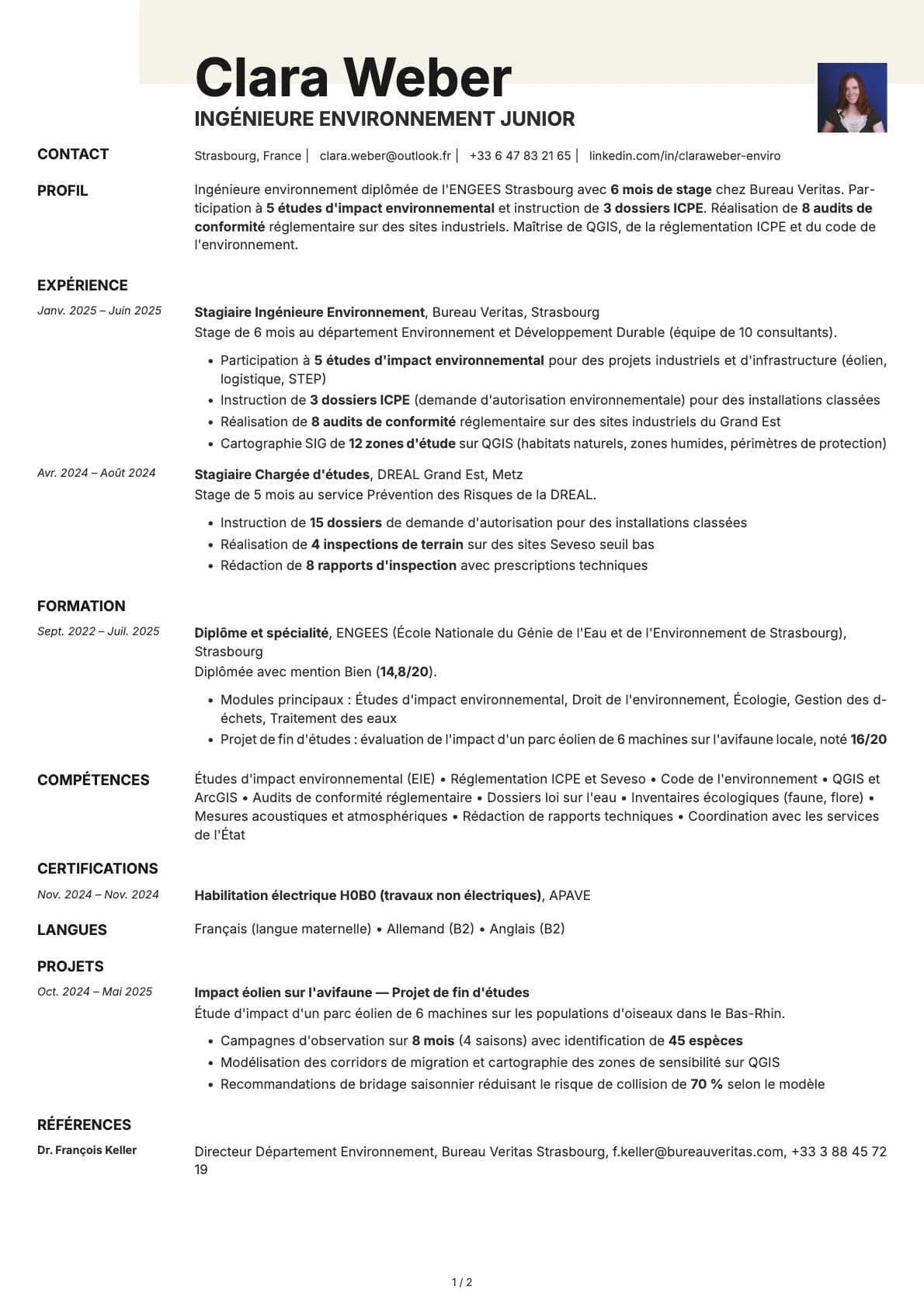 Ingénieur Environnement Junior resume example