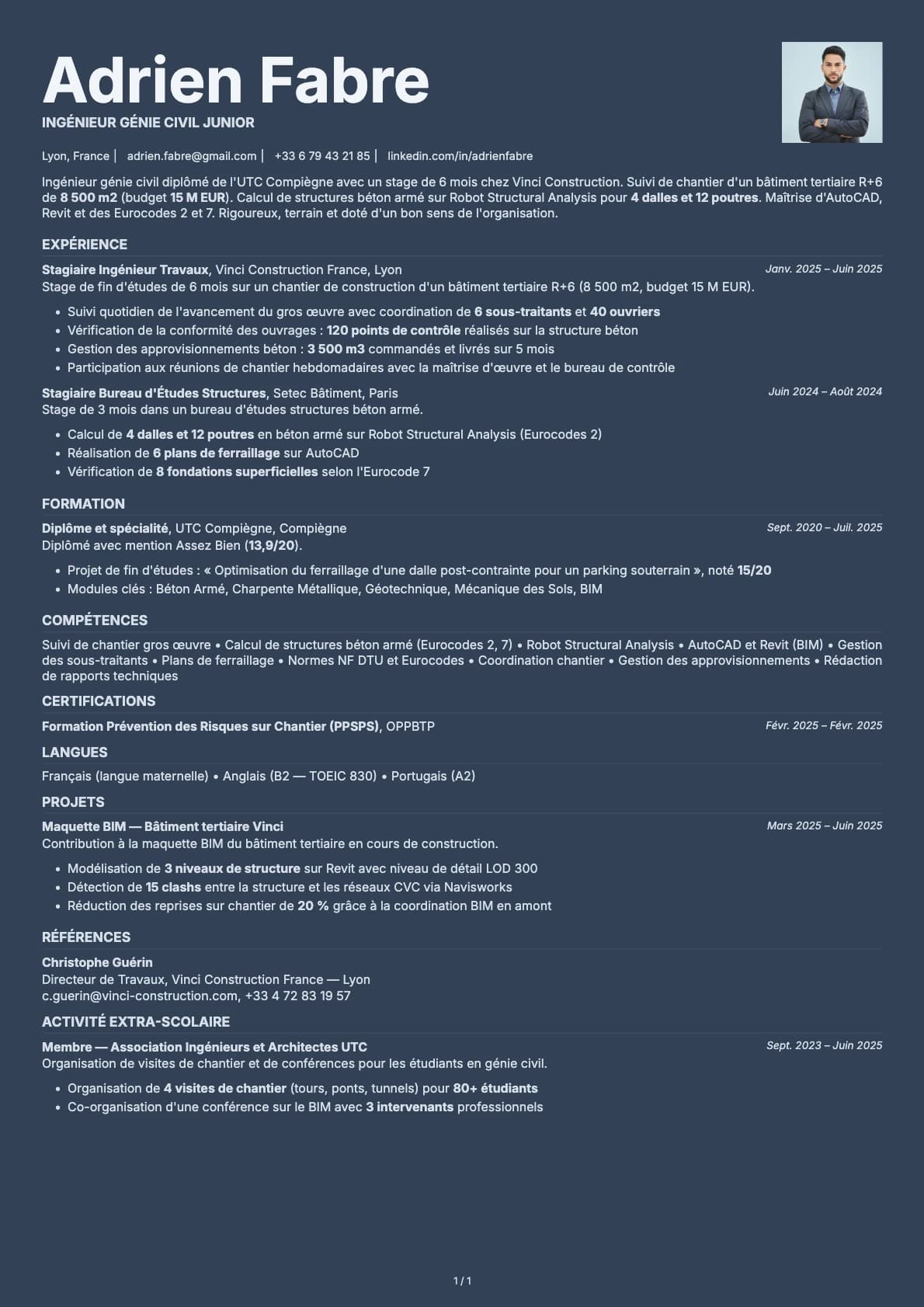 Ingénieur Génie Civil Junior resume example