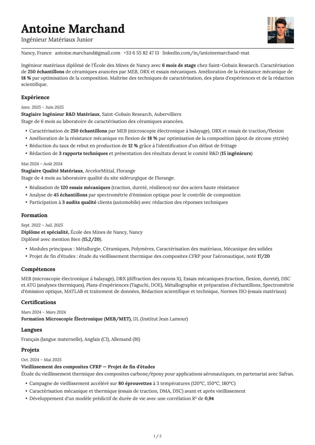 Ingénieur Matériaux Junior resume example