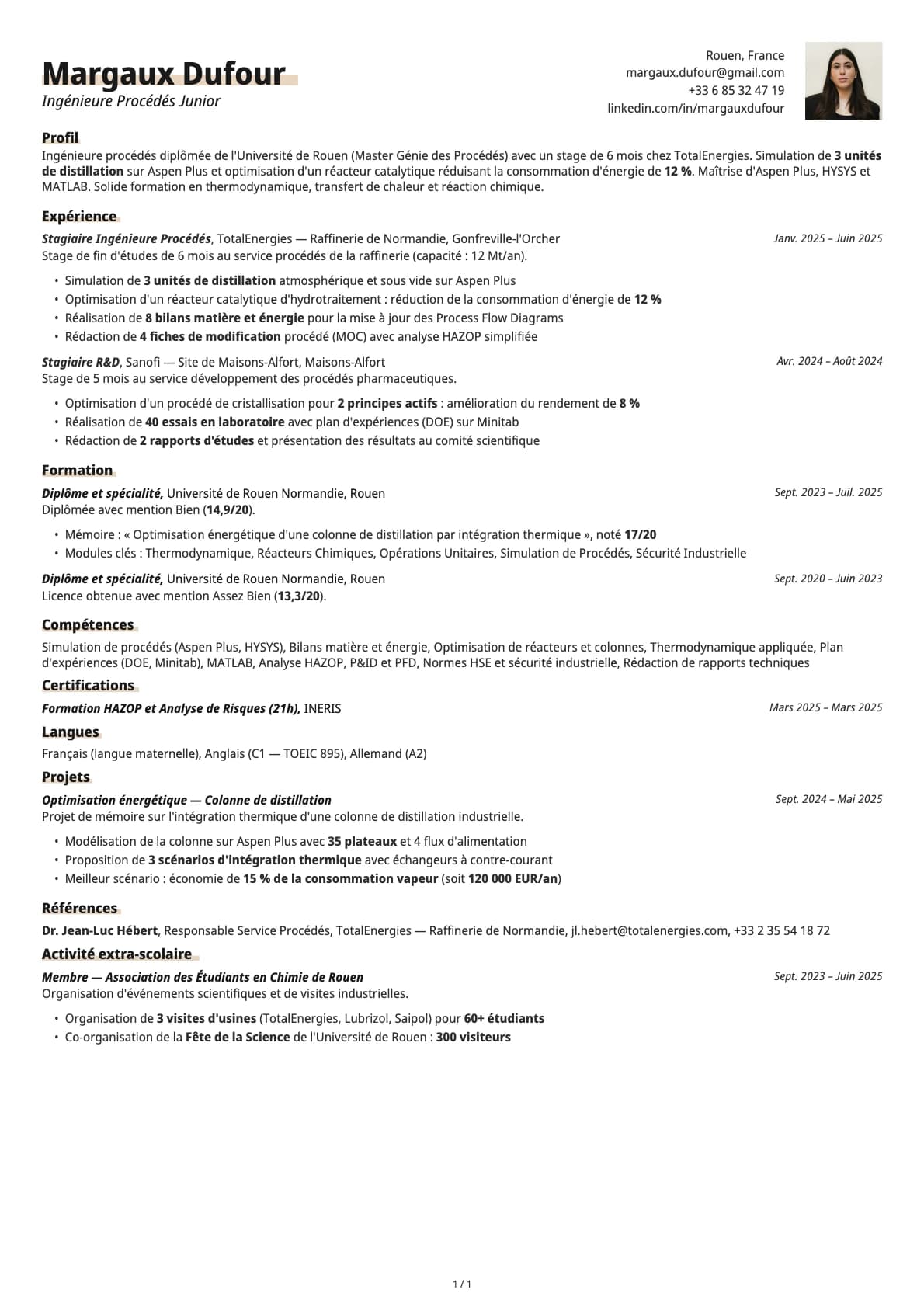 Ingénieur Procédés Junior resume example