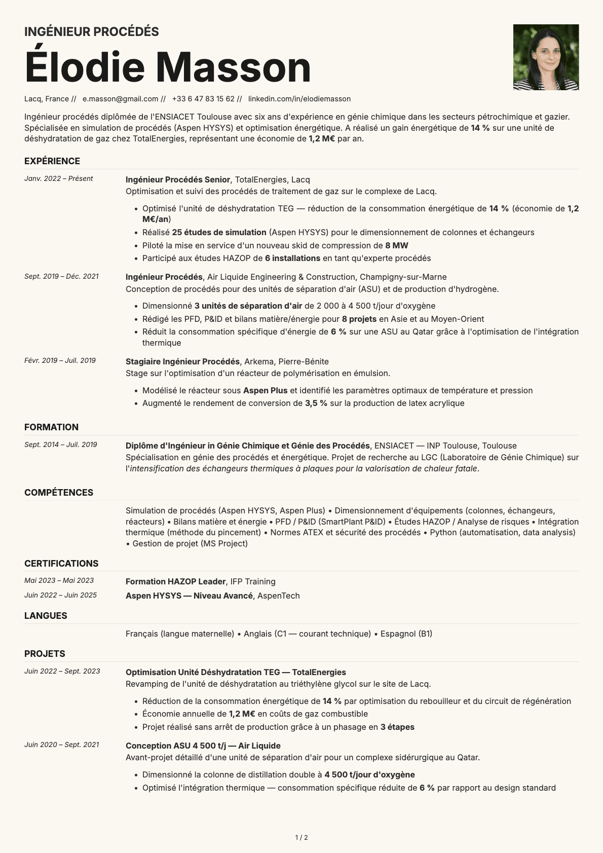 Ingénieur Procédés resume example