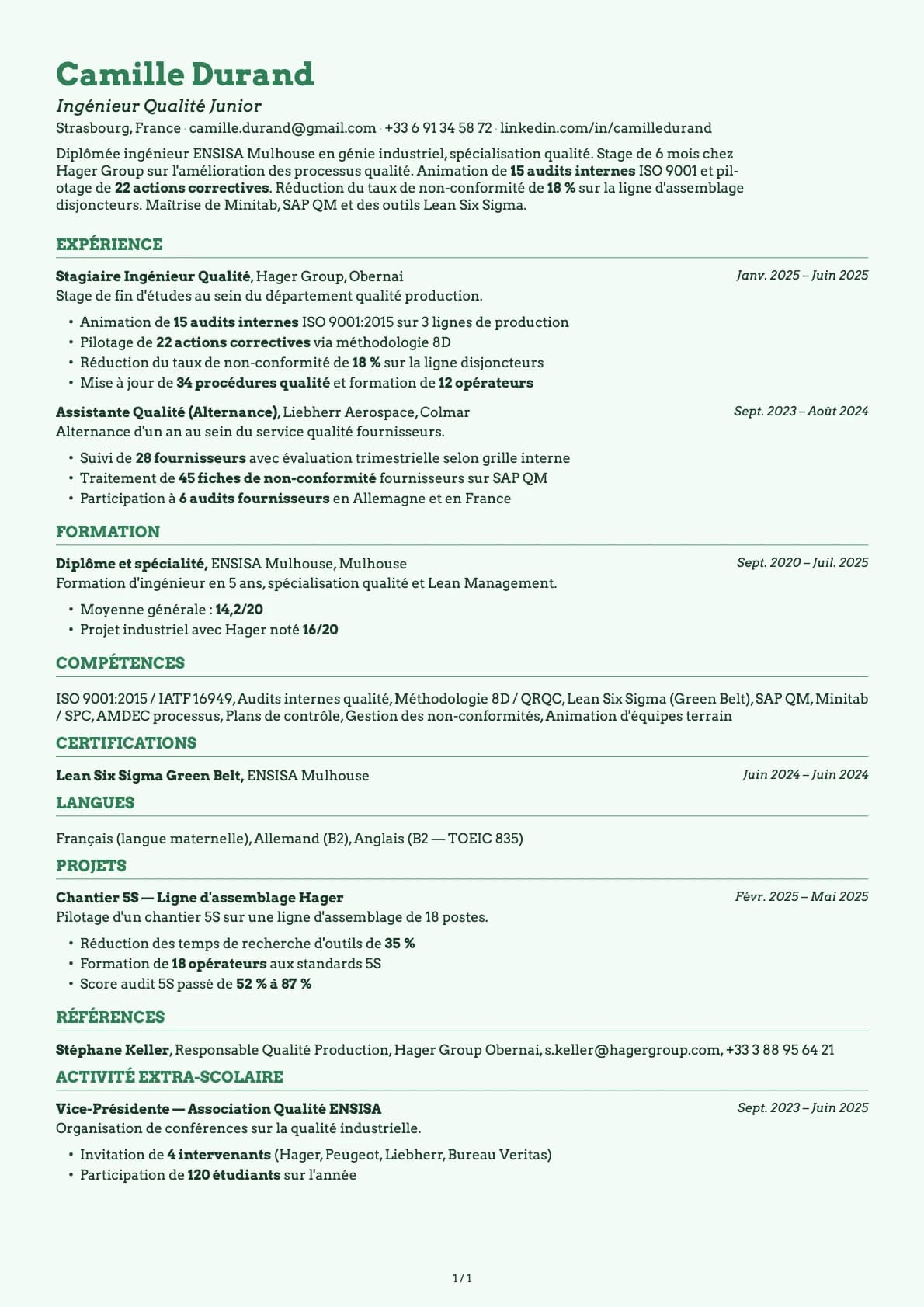 Ingénieur Qualité Junior resume example