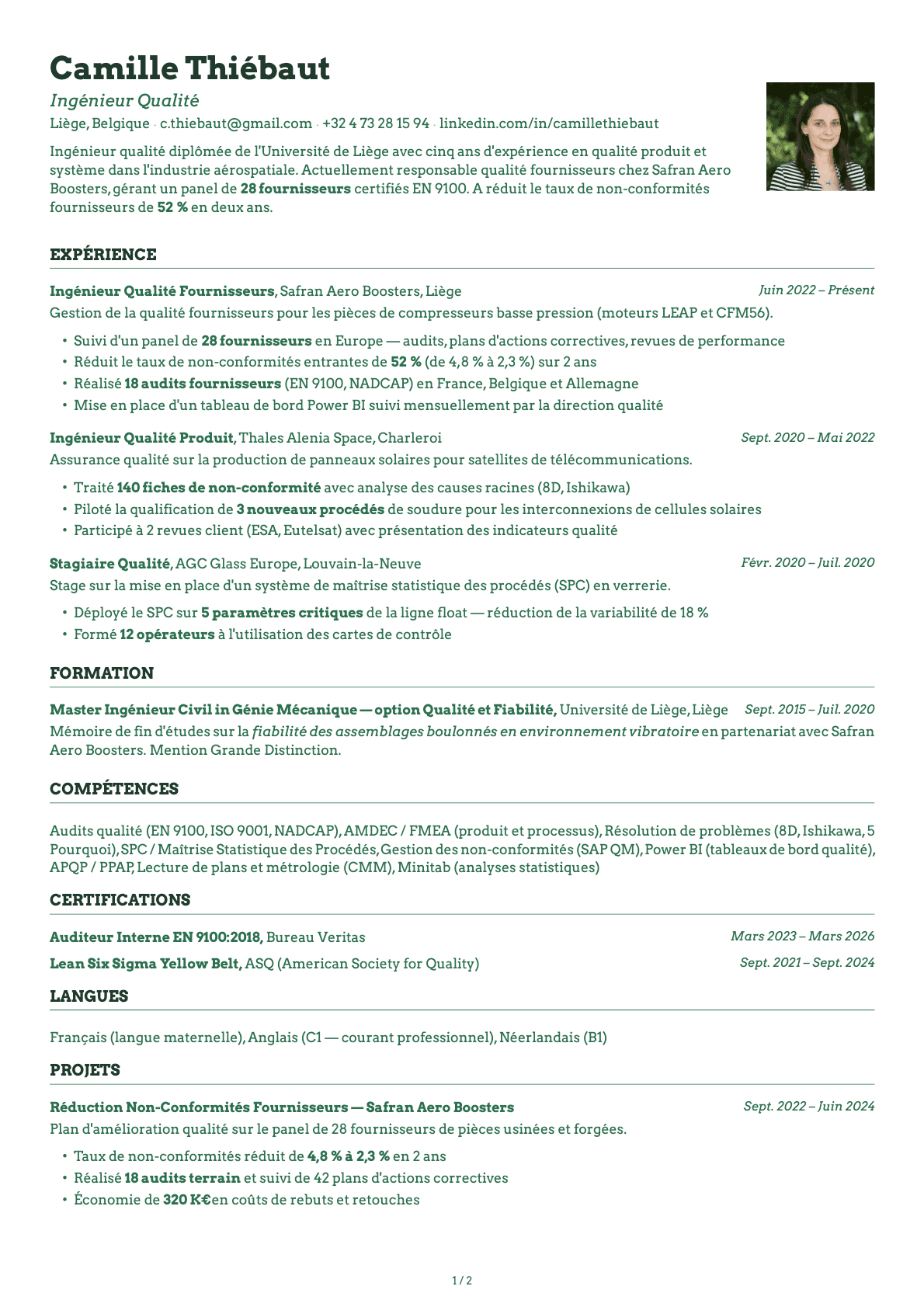 Ingénieur Qualité resume example