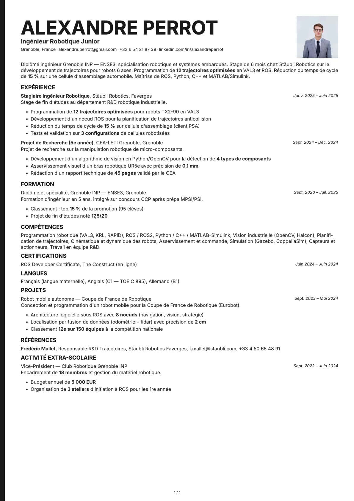 Ingénieur Robotique Junior resume example