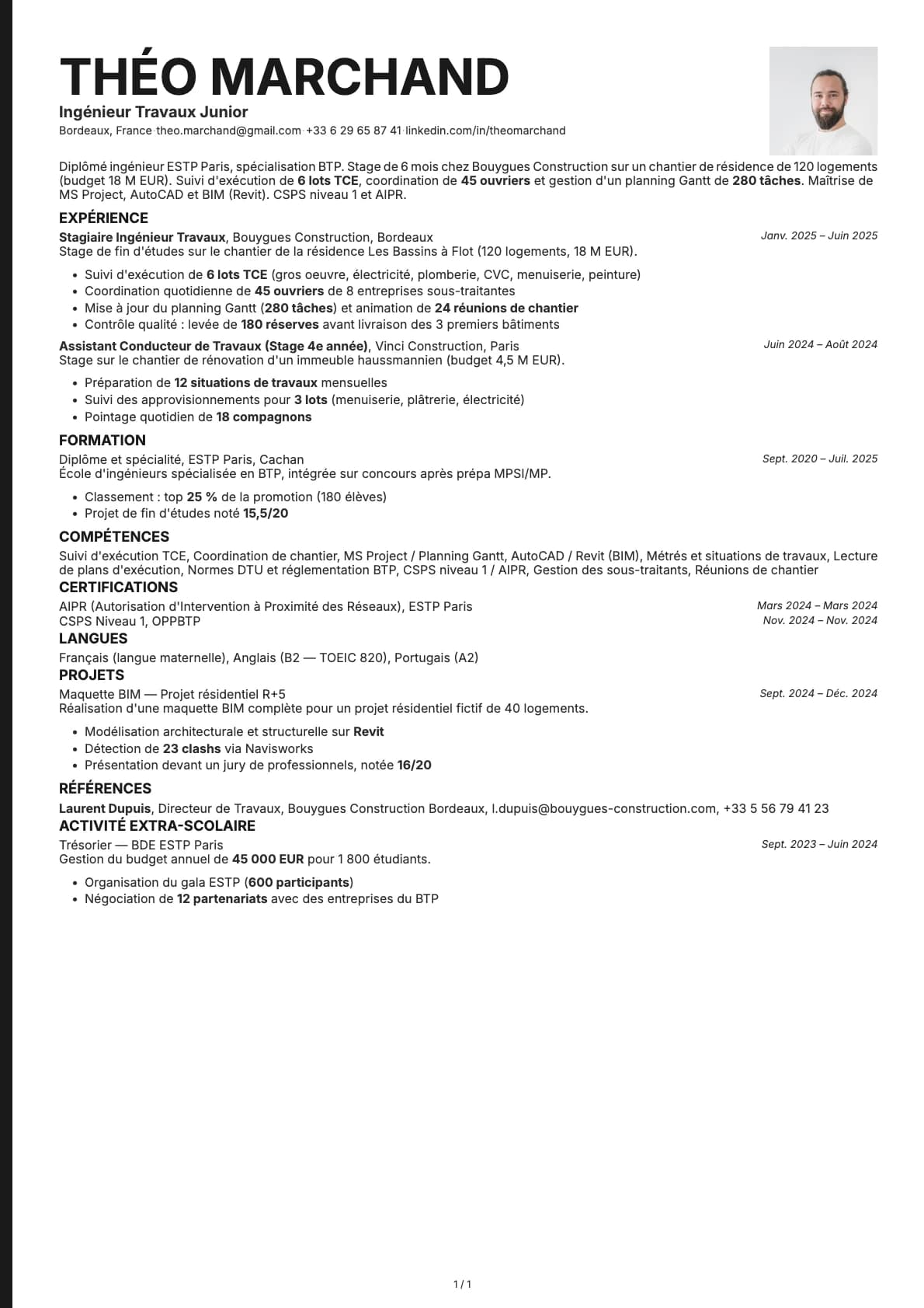Ingénieur Travaux Junior resume example