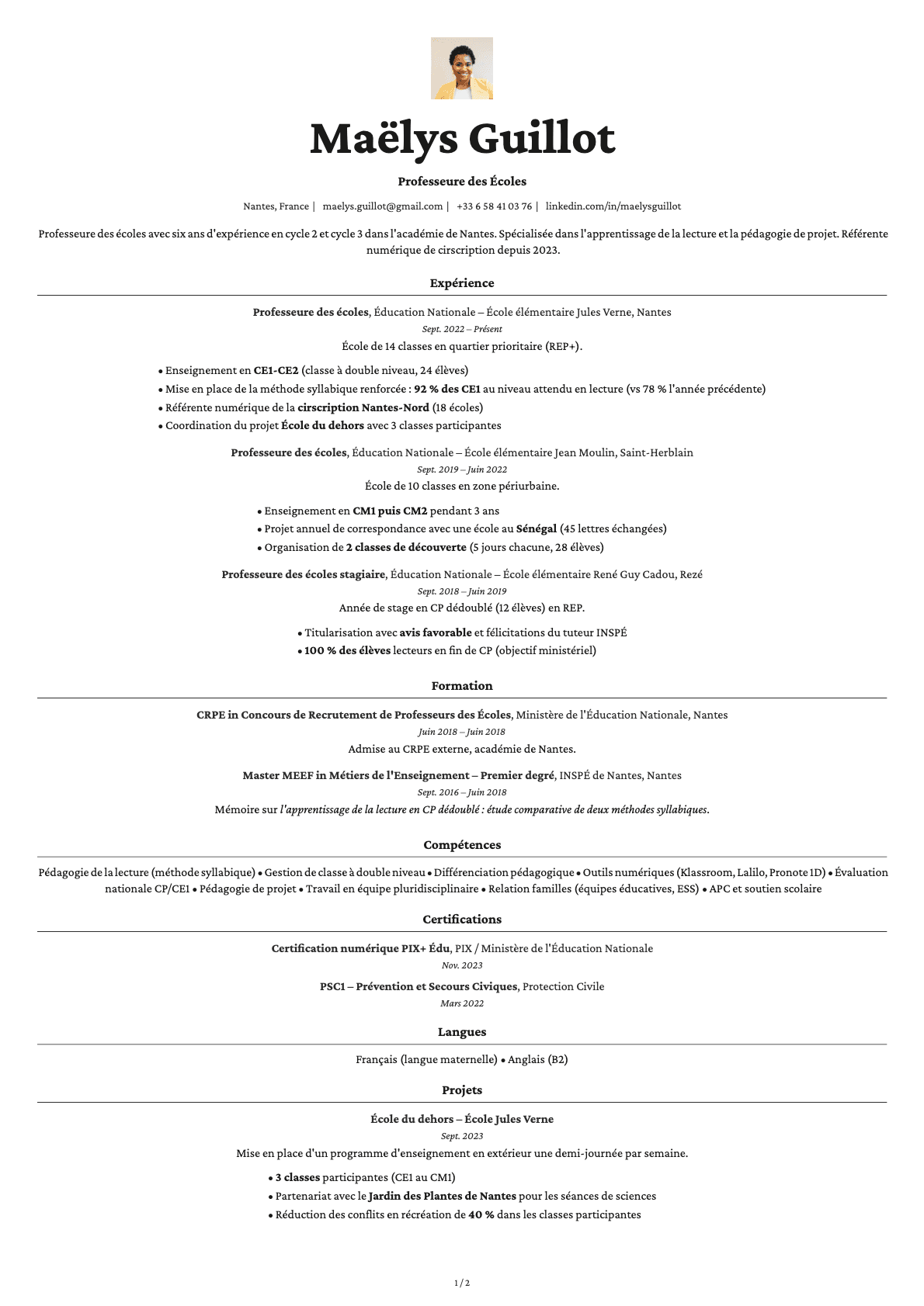 Instituteur / Professeur des Écoles resume example