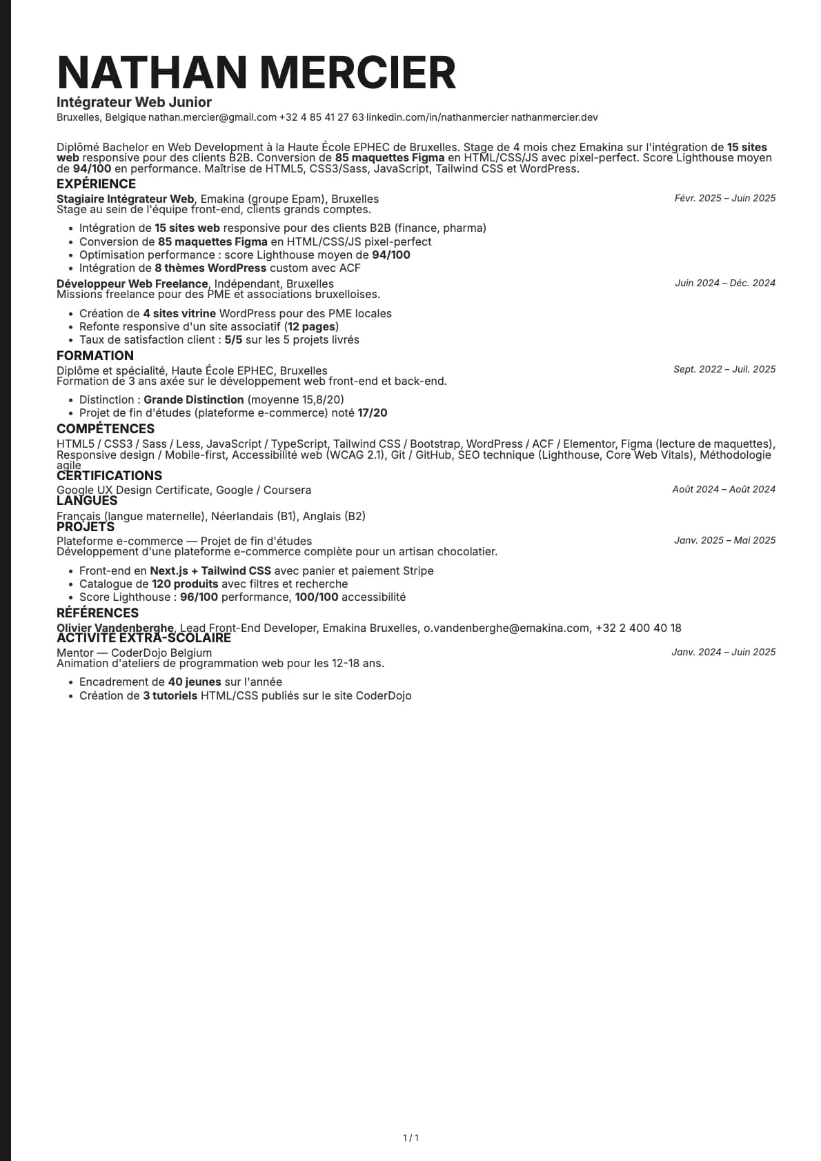 Intégrateur Web Junior resume example