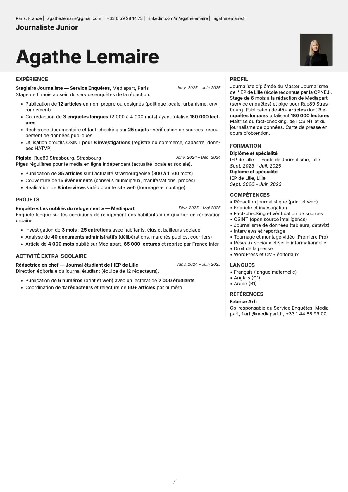 Journaliste Junior resume example