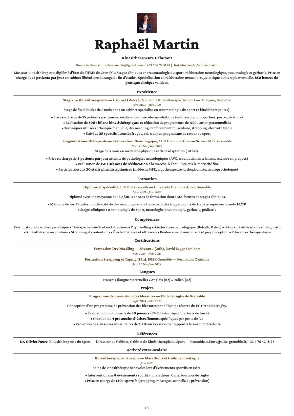 Kinésithérapeute Débutant resume example