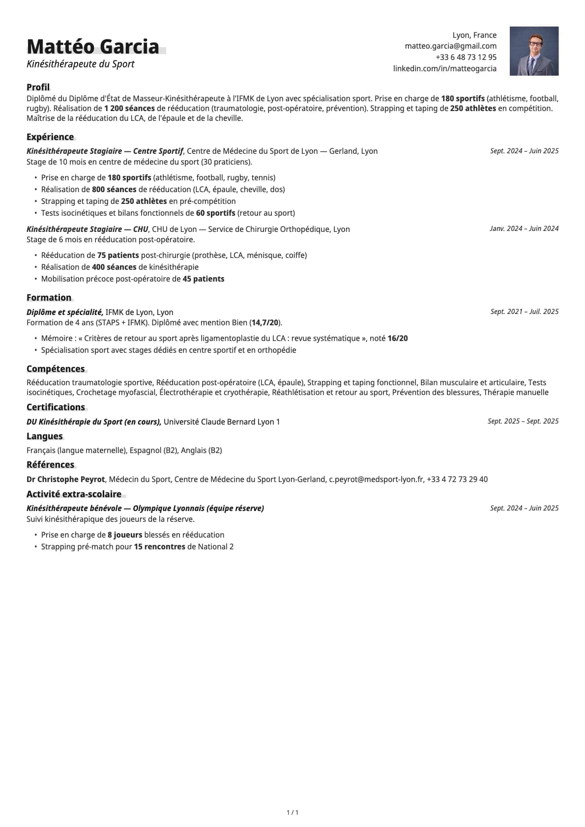 Kinésithérapeute du Sport resume example