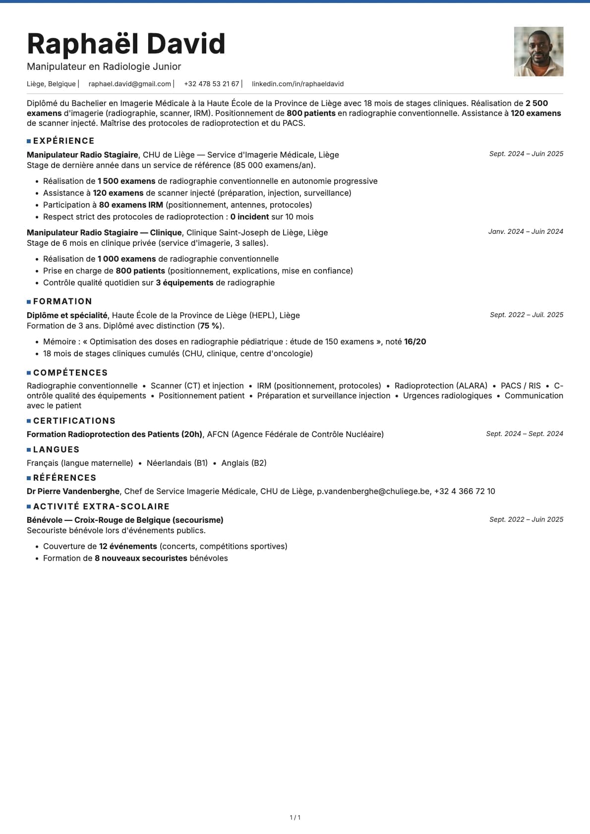 Manipulateur en Radiologie Junior resume example