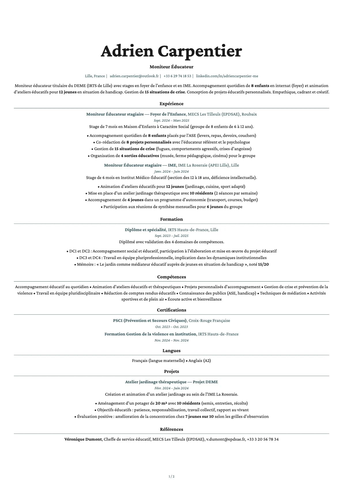 Moniteur Éducateur Junior resume example