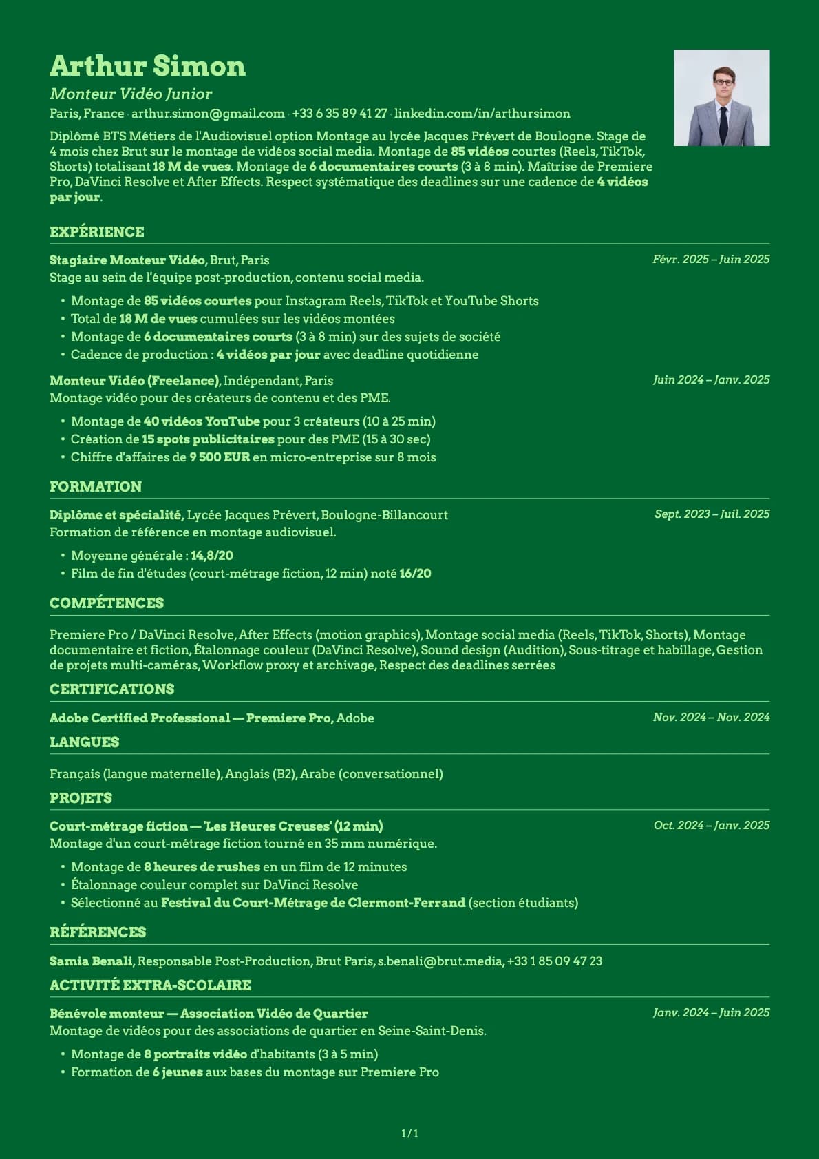 Monteur Vidéo Junior resume example