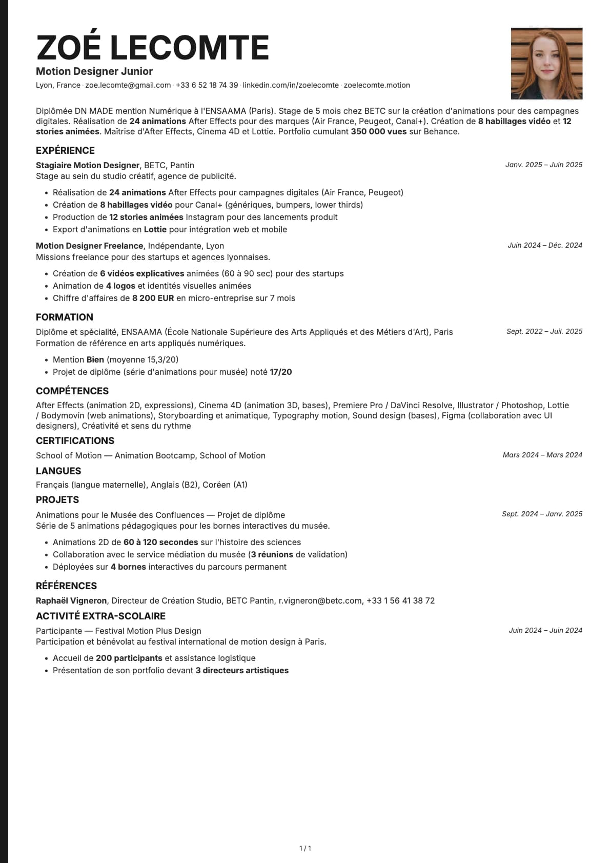 Motion Designer Junior resume example