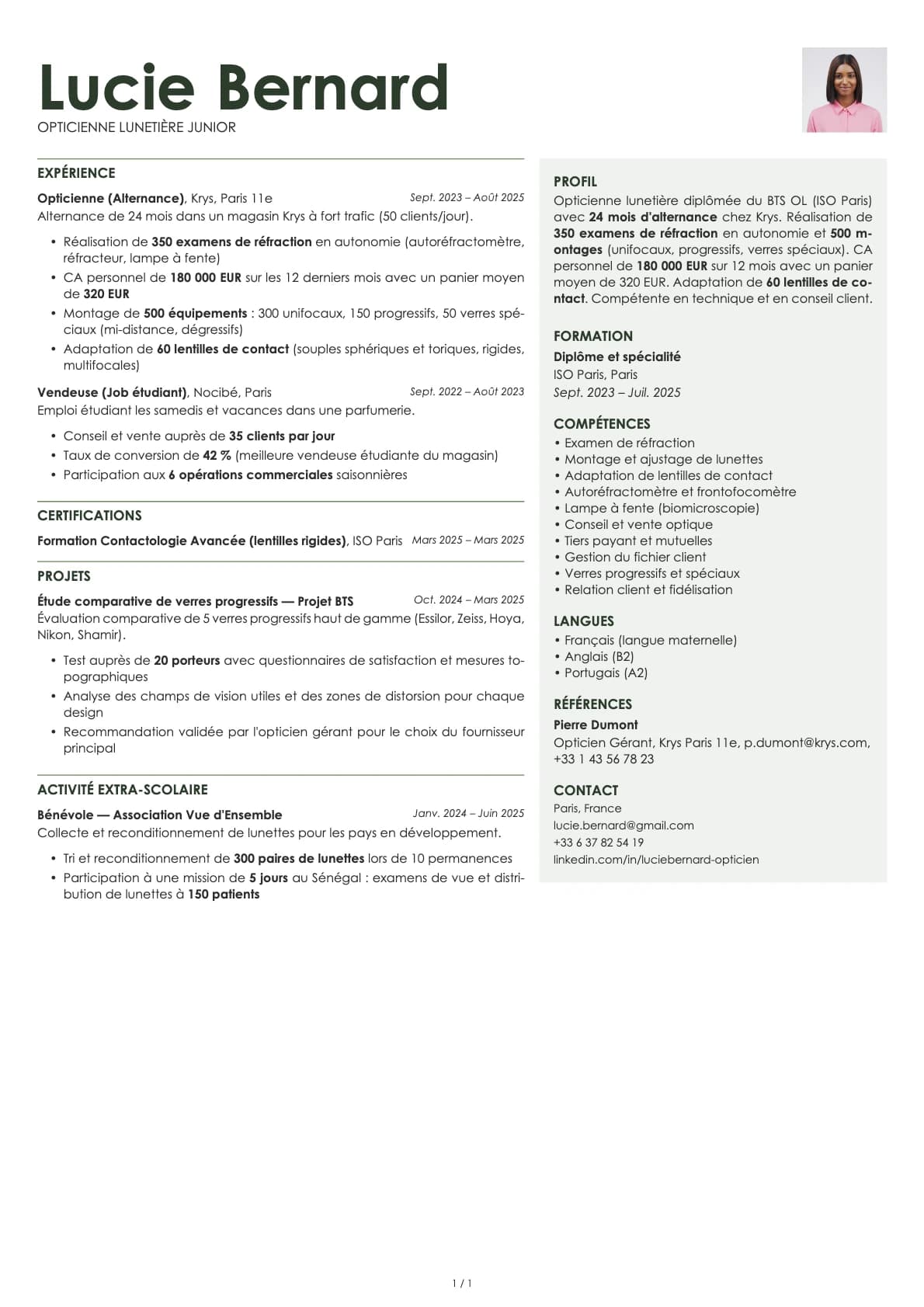 Opticien Junior resume example