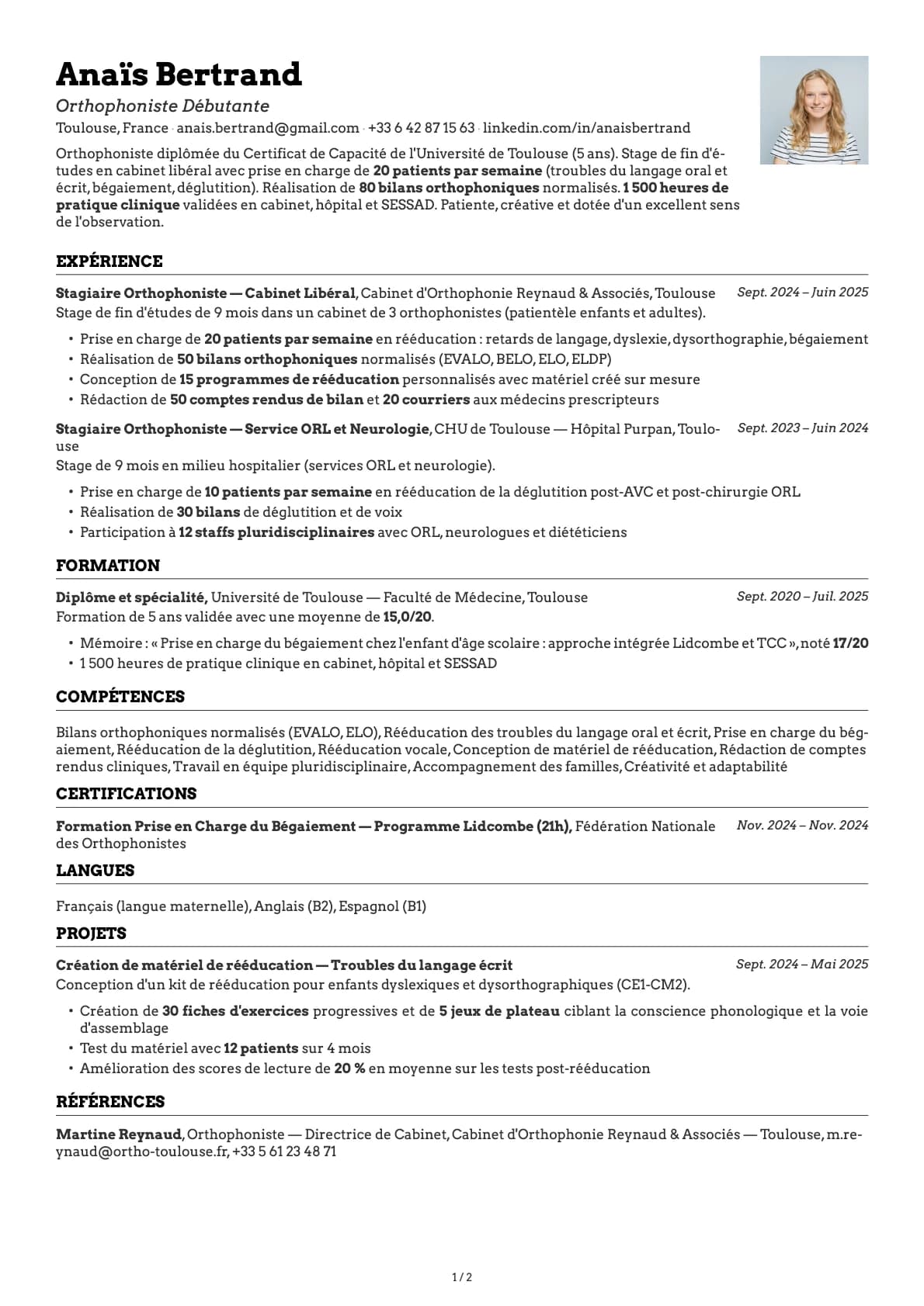 Orthophoniste Débutant resume example