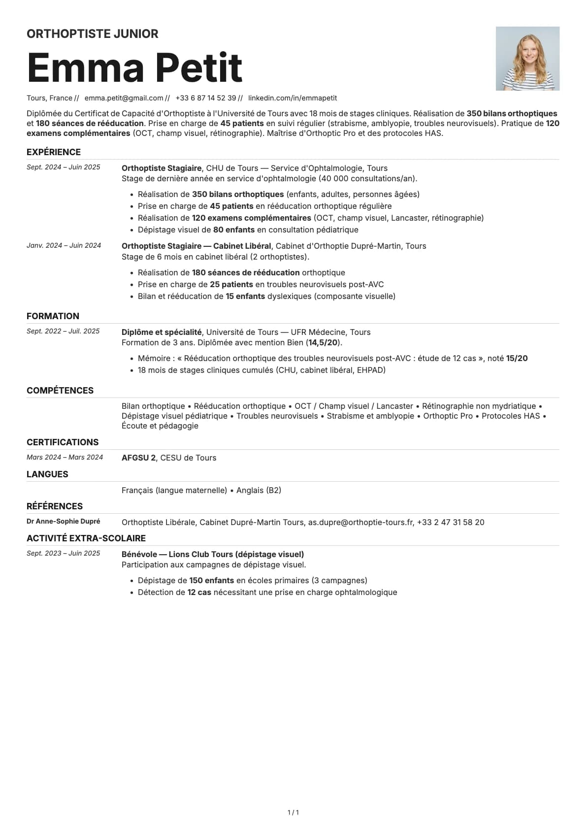 Orthoptiste Junior resume example