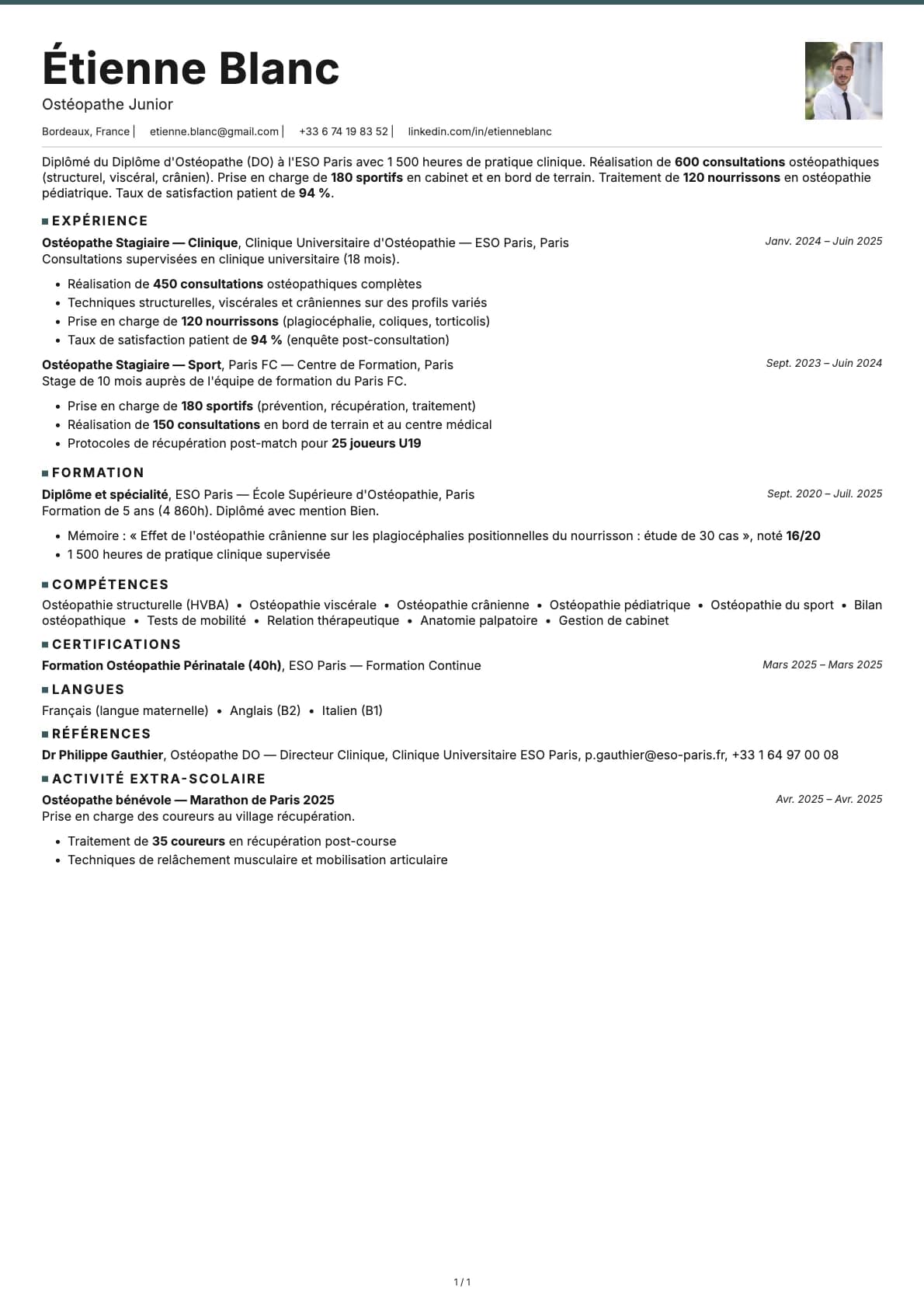 Ostéopathe Junior resume example