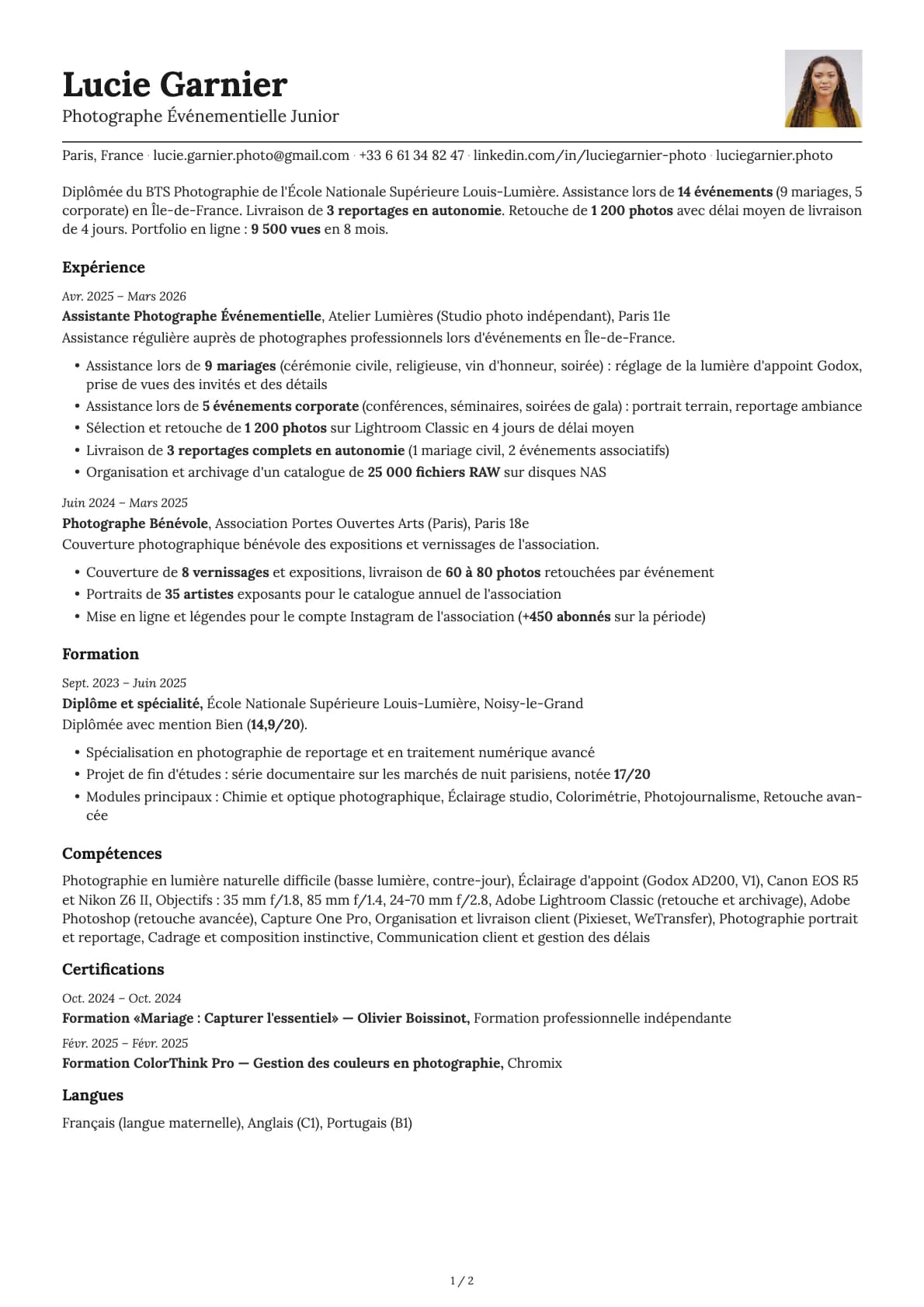 Photographe Événementiel Junior resume example