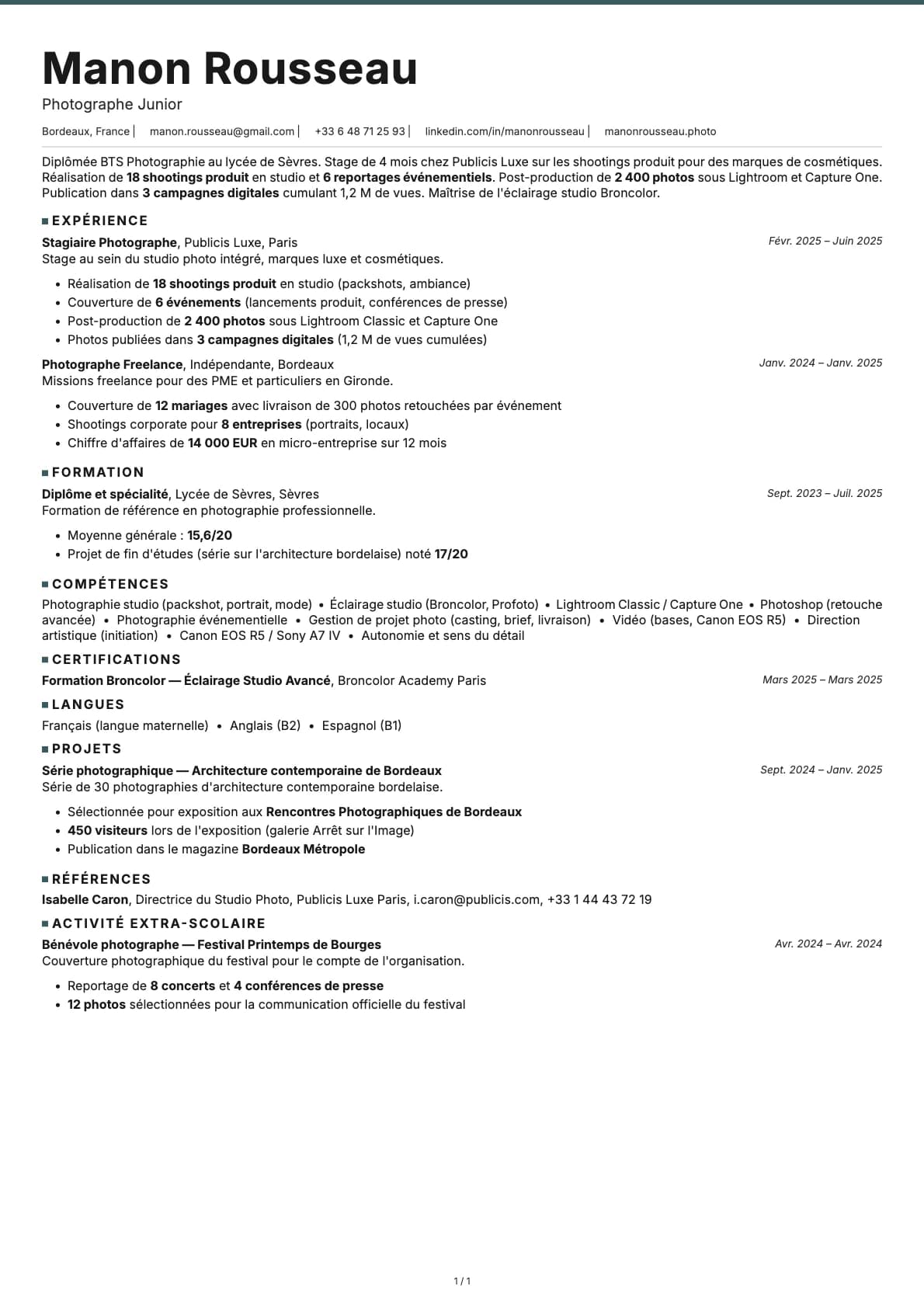 Photographe Junior resume example