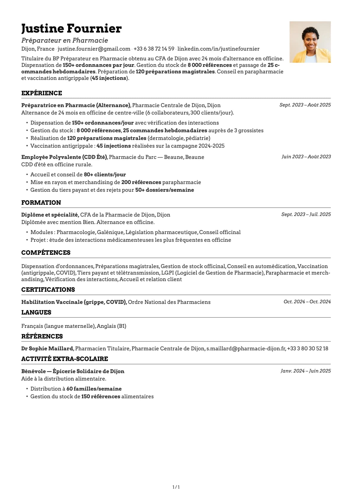 Préparateur en Pharmacie resume example