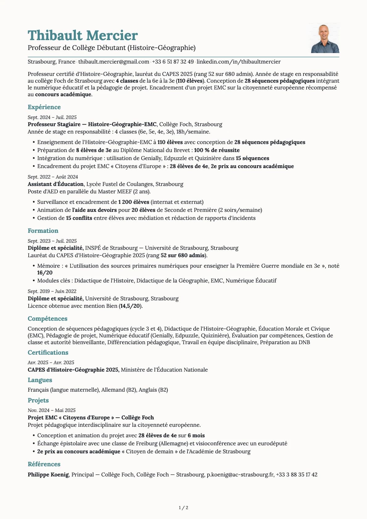 Professeur de Collège Débutant resume example