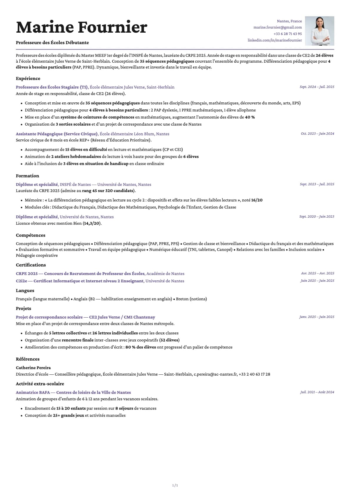 Professeur des Écoles Débutant resume example