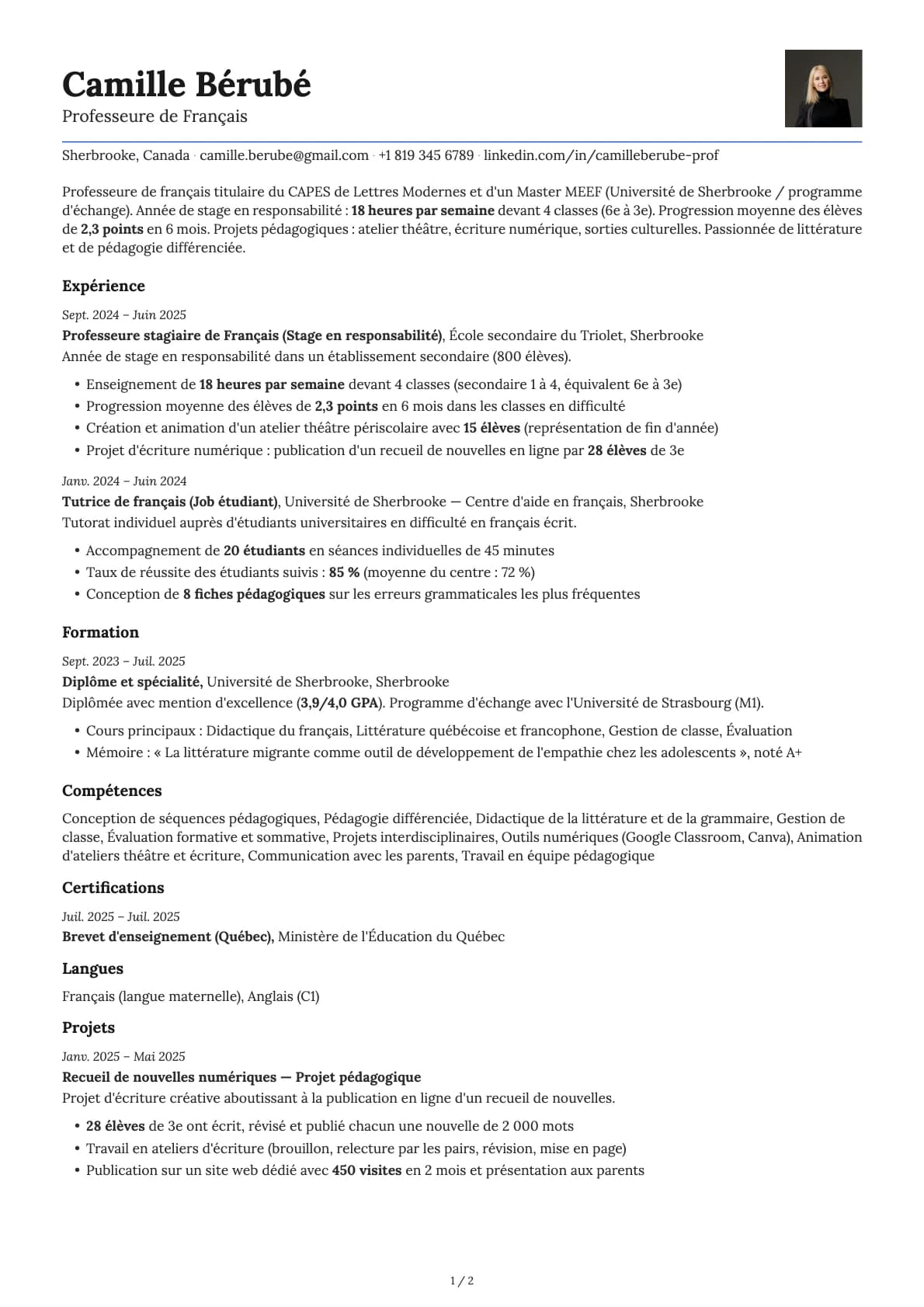 Professeur de Français Débutant resume example