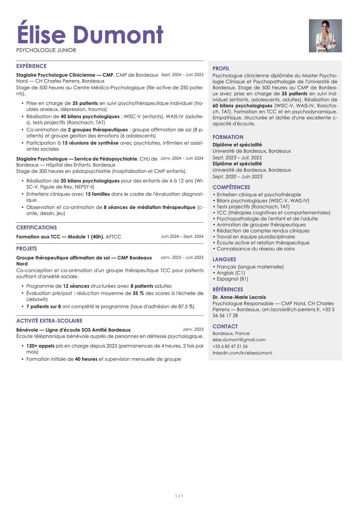 Psychologue Junior resume example