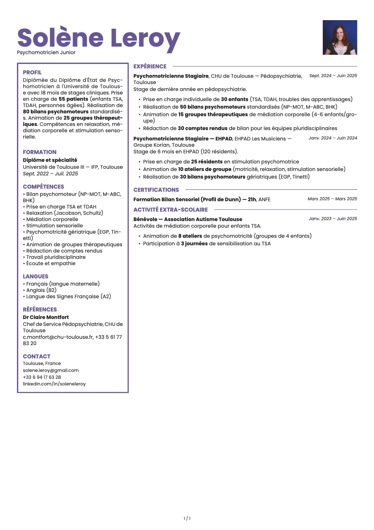 Psychomotricien Junior resume example
