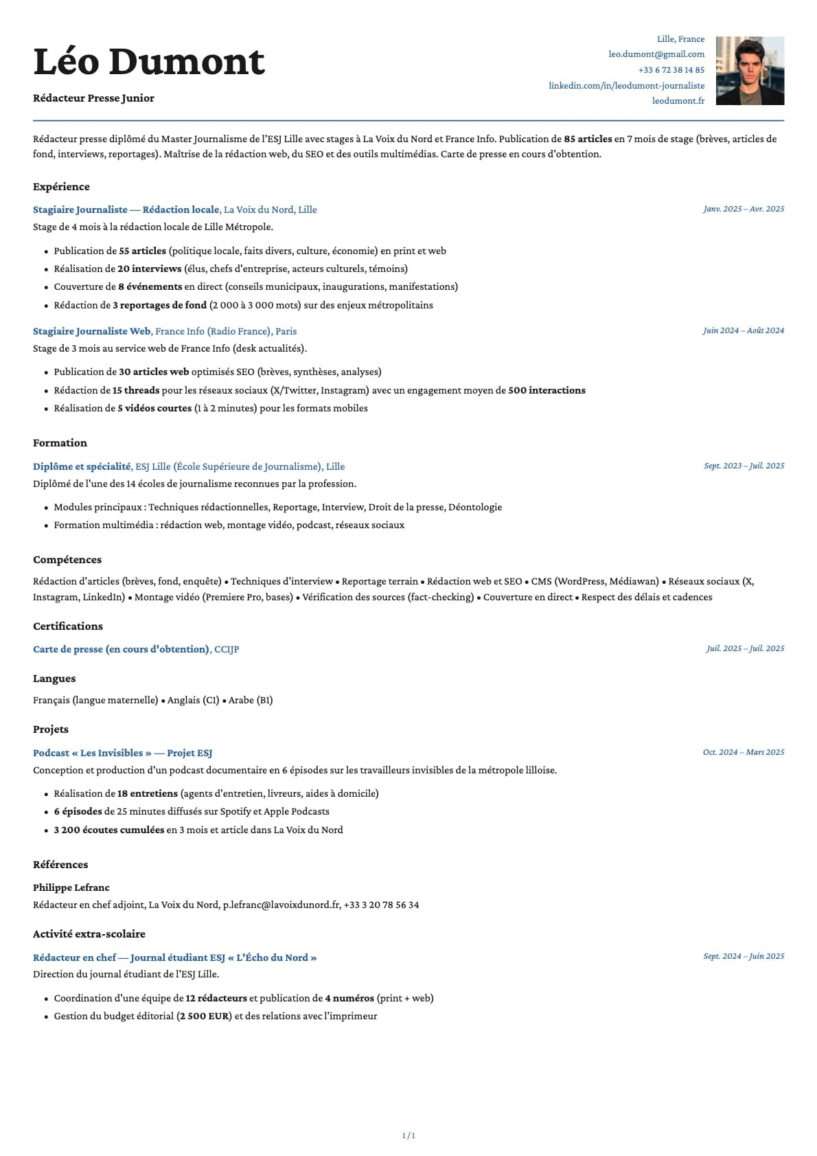 Rédacteur Presse Junior resume example