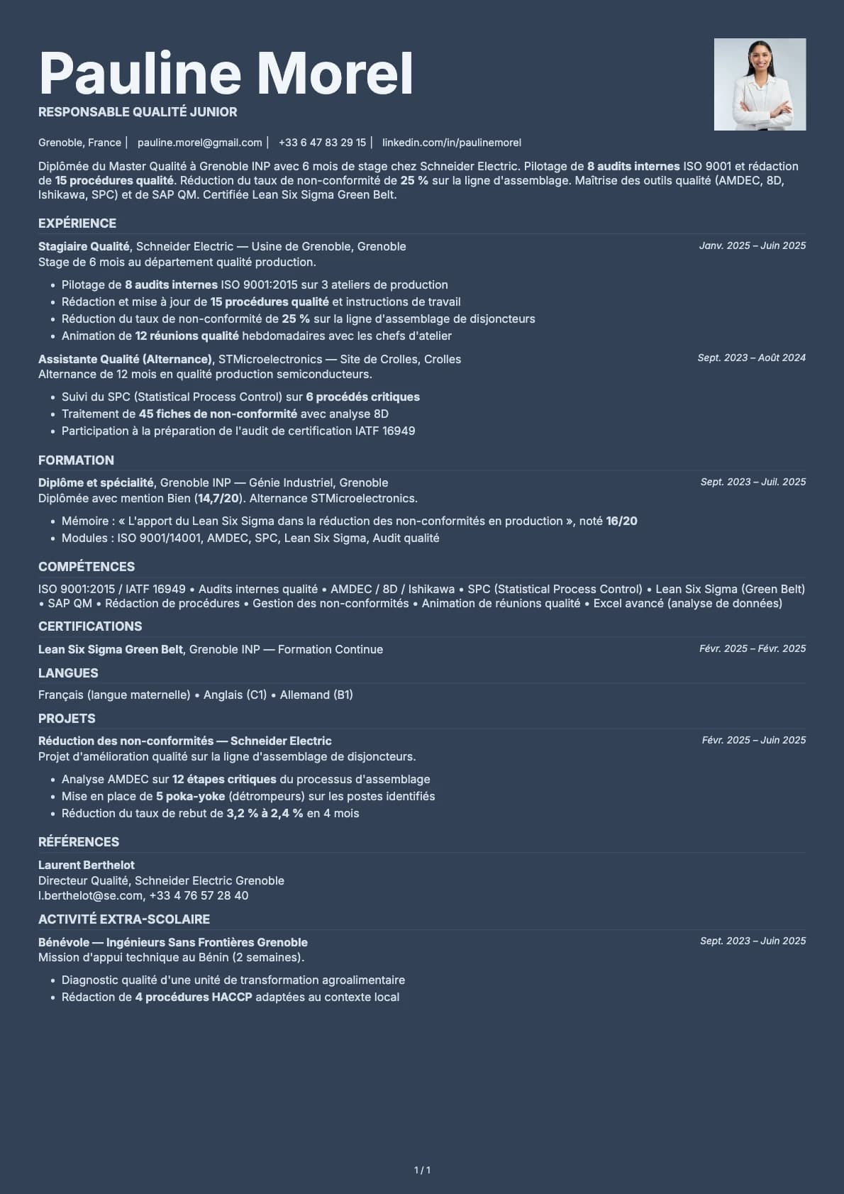 Responsable Qualité Junior resume example