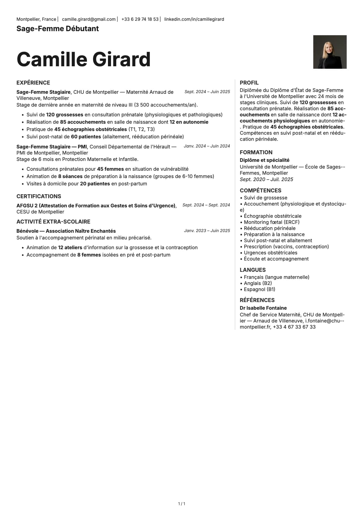Sage-Femme Débutant resume example