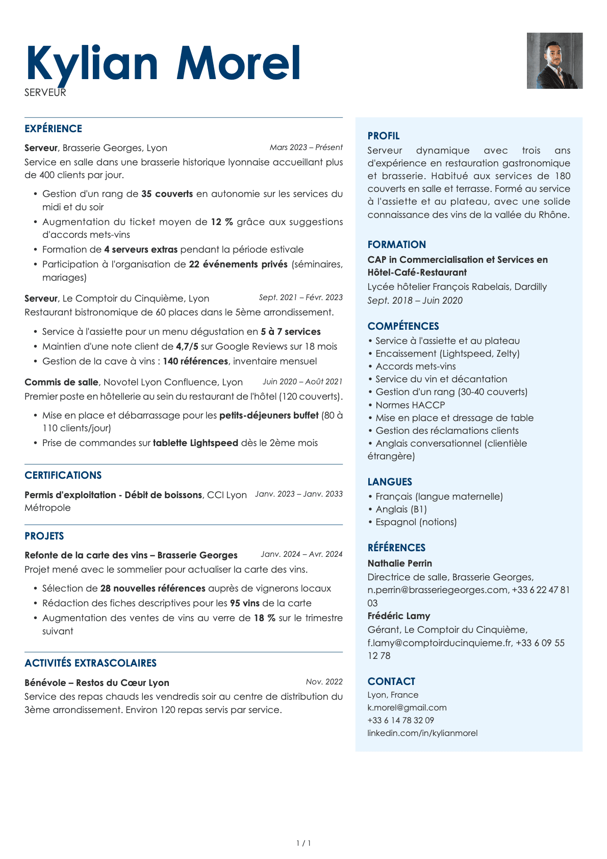 Serveur / Serveuse resume example