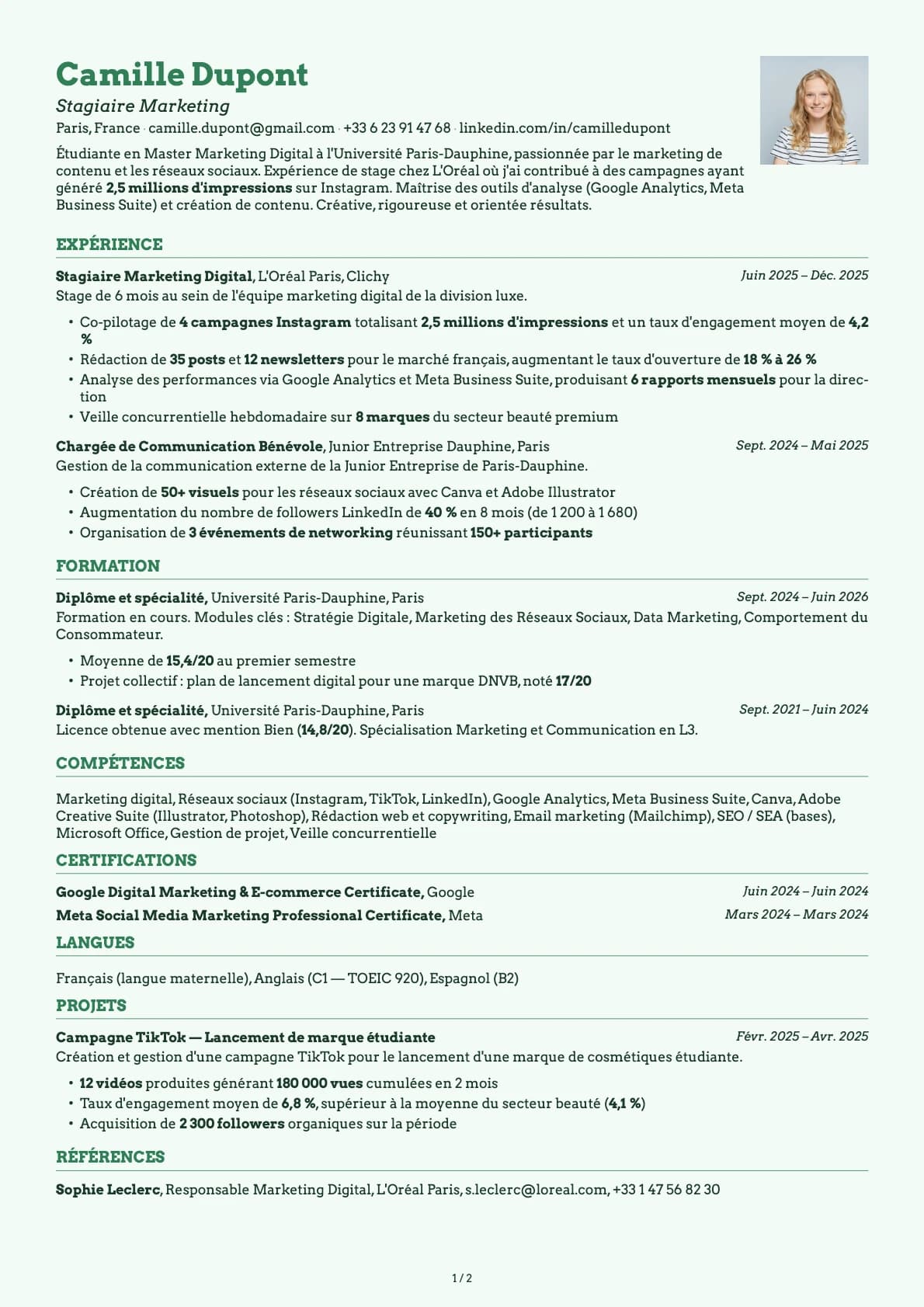 Stagiaire Marketing resume example