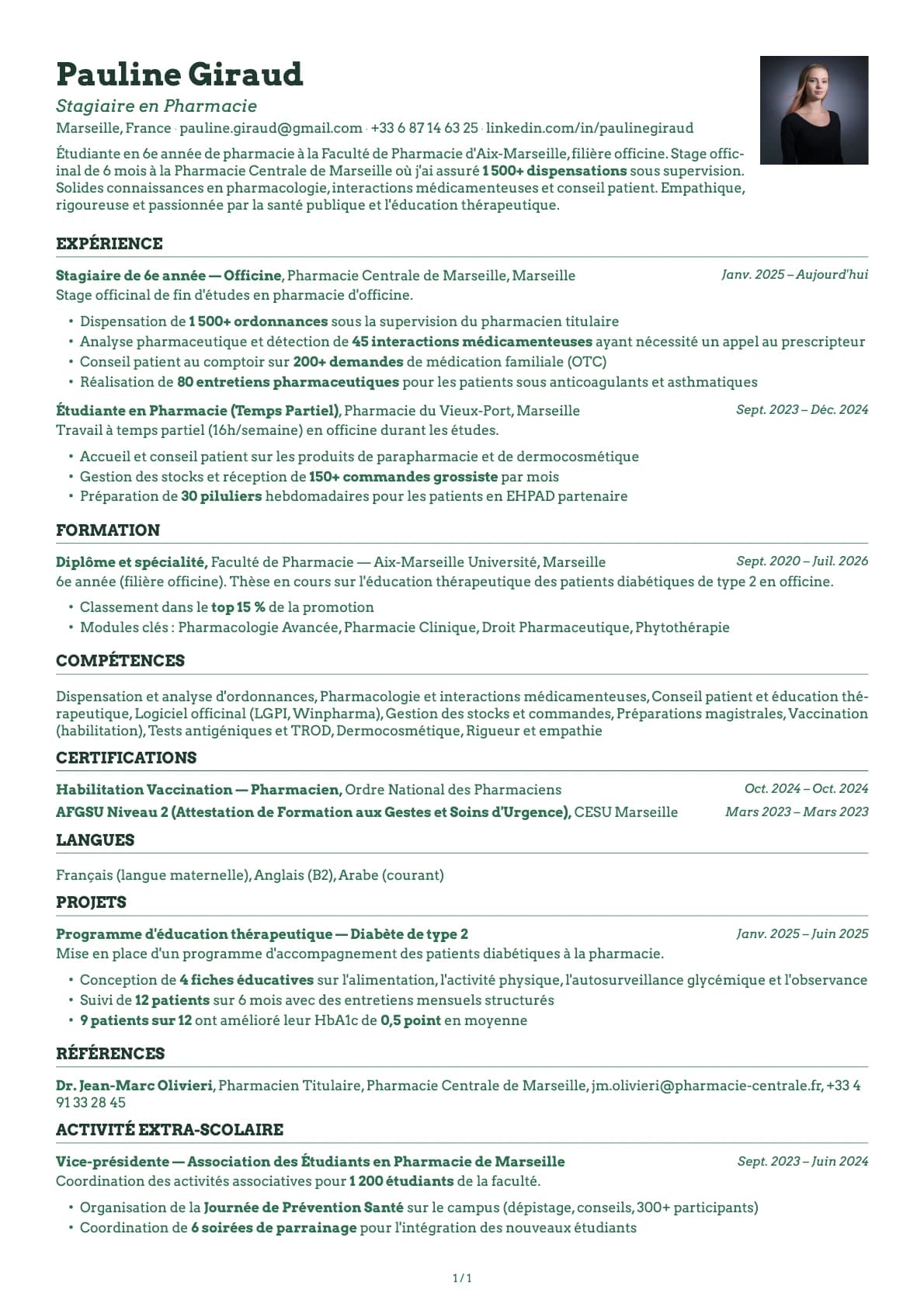 Stagiaire en Pharmacie resume example