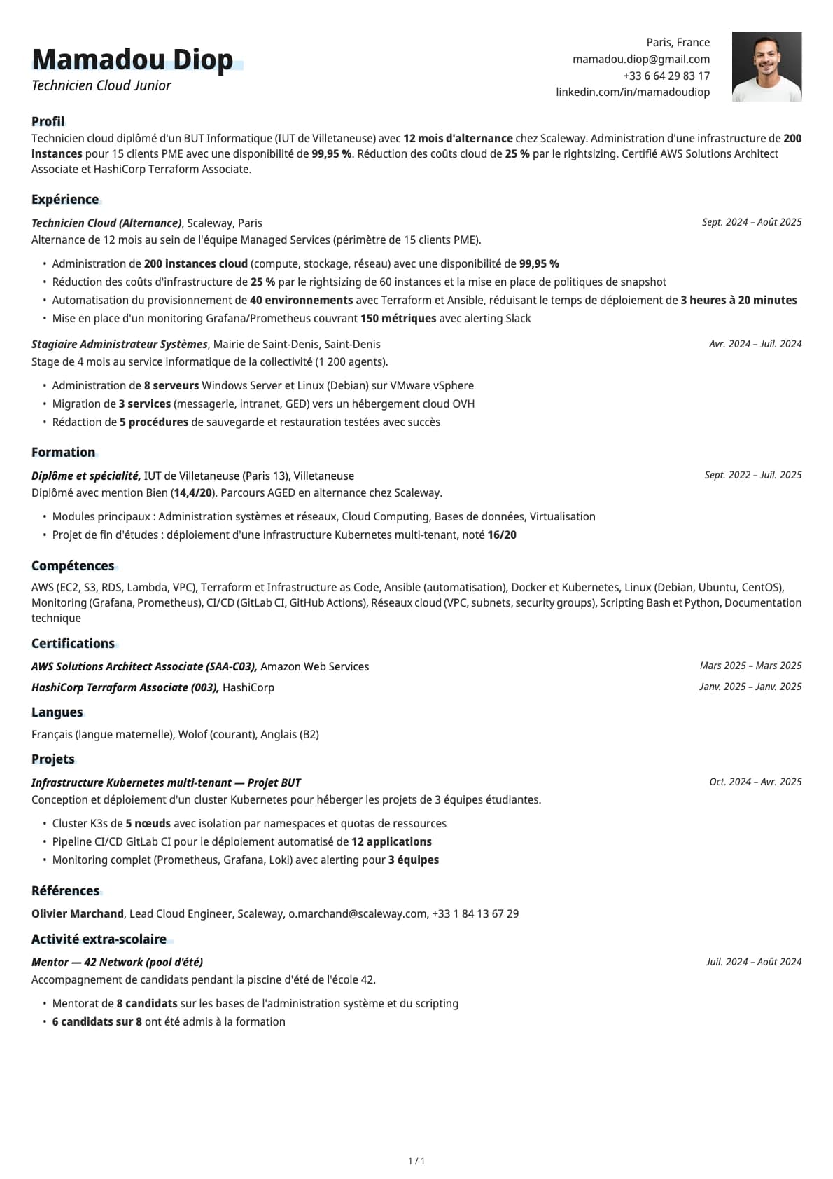 Technicien Cloud Junior resume example